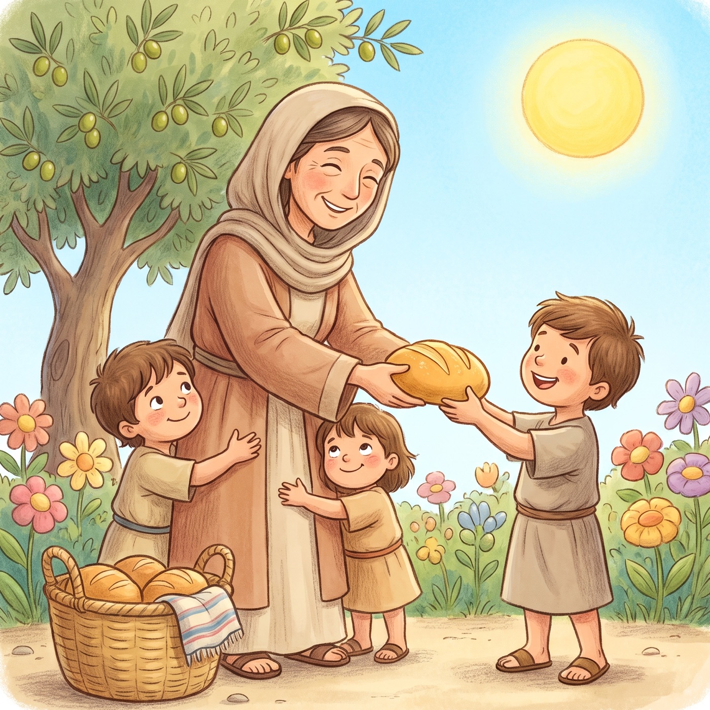 A warm, kind woman in modest ancient-Israel robes handing a round loaf of bread to a smiling neighbor child, her own two children hugging her sides and looking up at her happily, a woven basket of bread and folded cloth beside her, small garden and olive tree behind, golden light.