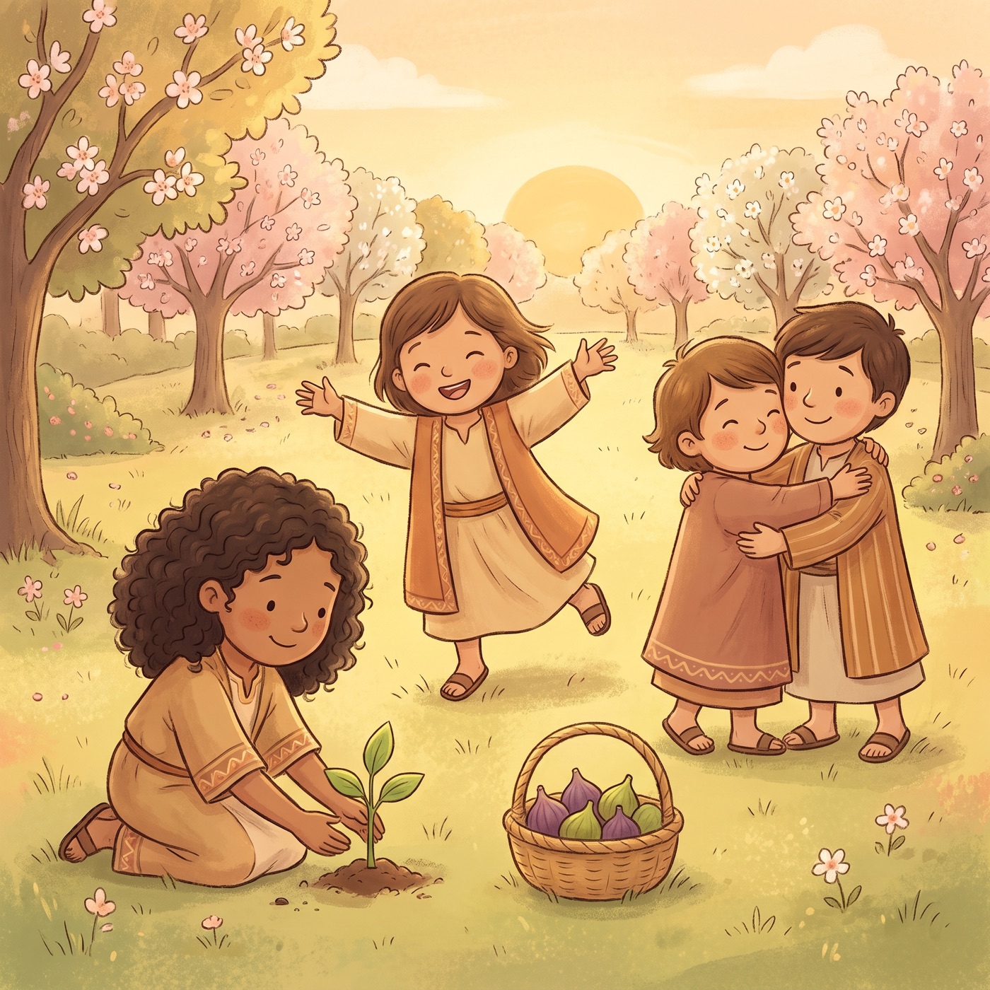 Children in modest ancient-Israel robes together in a sunny garden — one kneeling to plant a tiny green seedling, one standing with arms raised high dancing, two others hugging, a woven basket of ripe figs nearby, blossoms and warm afternoon light.