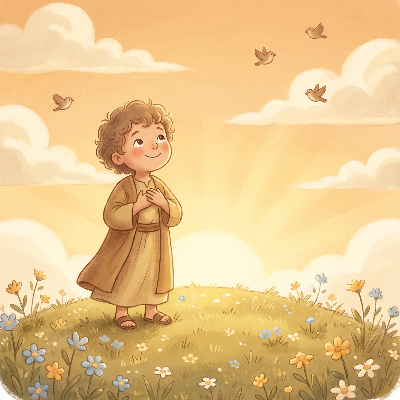 A young child in modest ancient-Israel robes standing on a soft grassy hilltop at sunrise with both hands over their heart and a peaceful happy smile, looking up at a wide golden sky with gentle clouds and a few small birds, wildflowers all around.