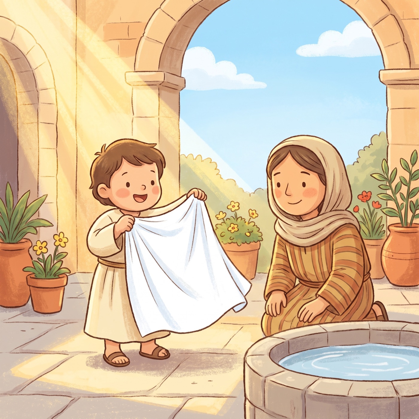 A happy little child in modest ancient-Israel robes holding up a big clean white cloth in the sunshine beside a stone basin of water, with a kind smiling mother kneeling close by in a sunny courtyard full of flowers.