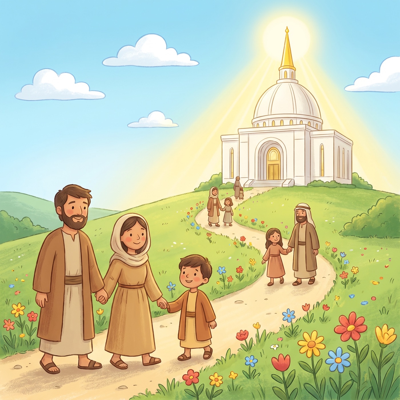 A beautiful white temple with a golden spire on a green hill, families in modest ancient-Israel robes walking happily up a winding path toward it holding hands, wildflowers along the path under a bright blue sky.