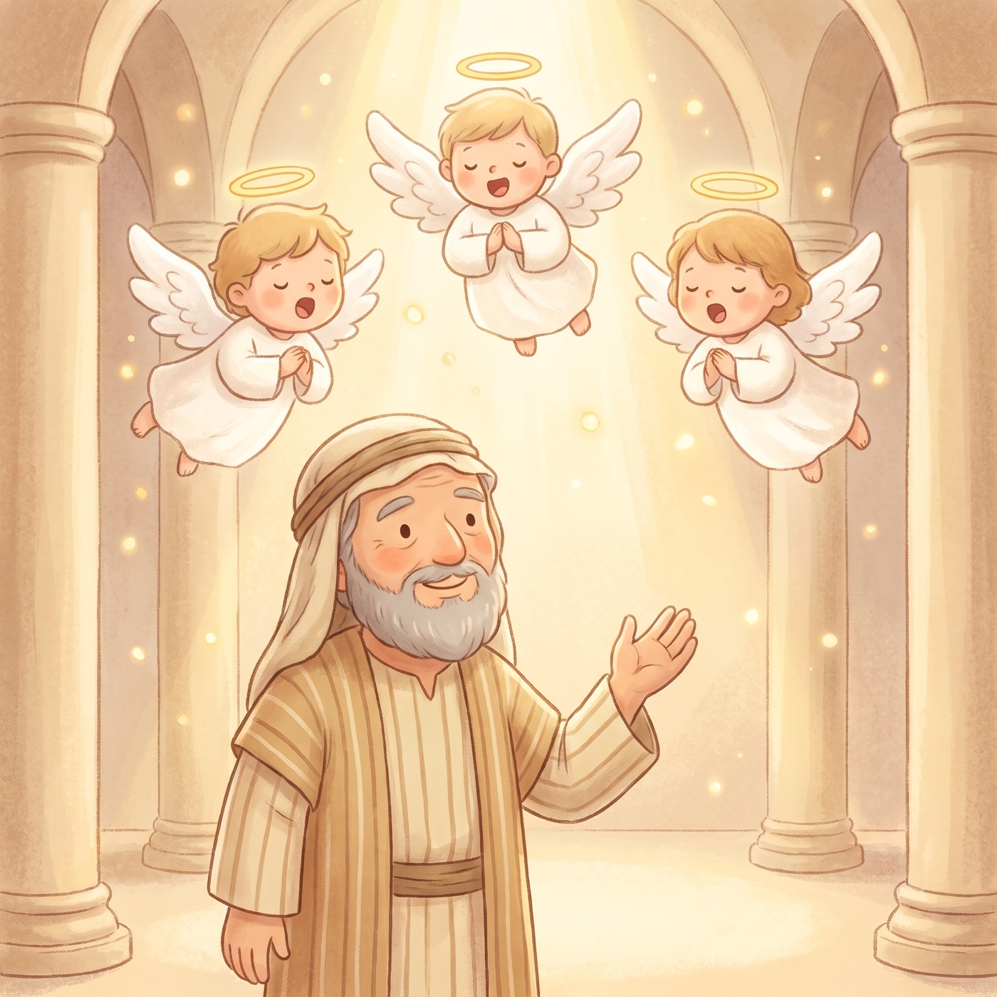 A kind man in modest ancient-Israel robes standing with one hand lifted and a peaceful smile inside a bright golden temple hall filled with warm light, with three gentle friendly angels singing above him.