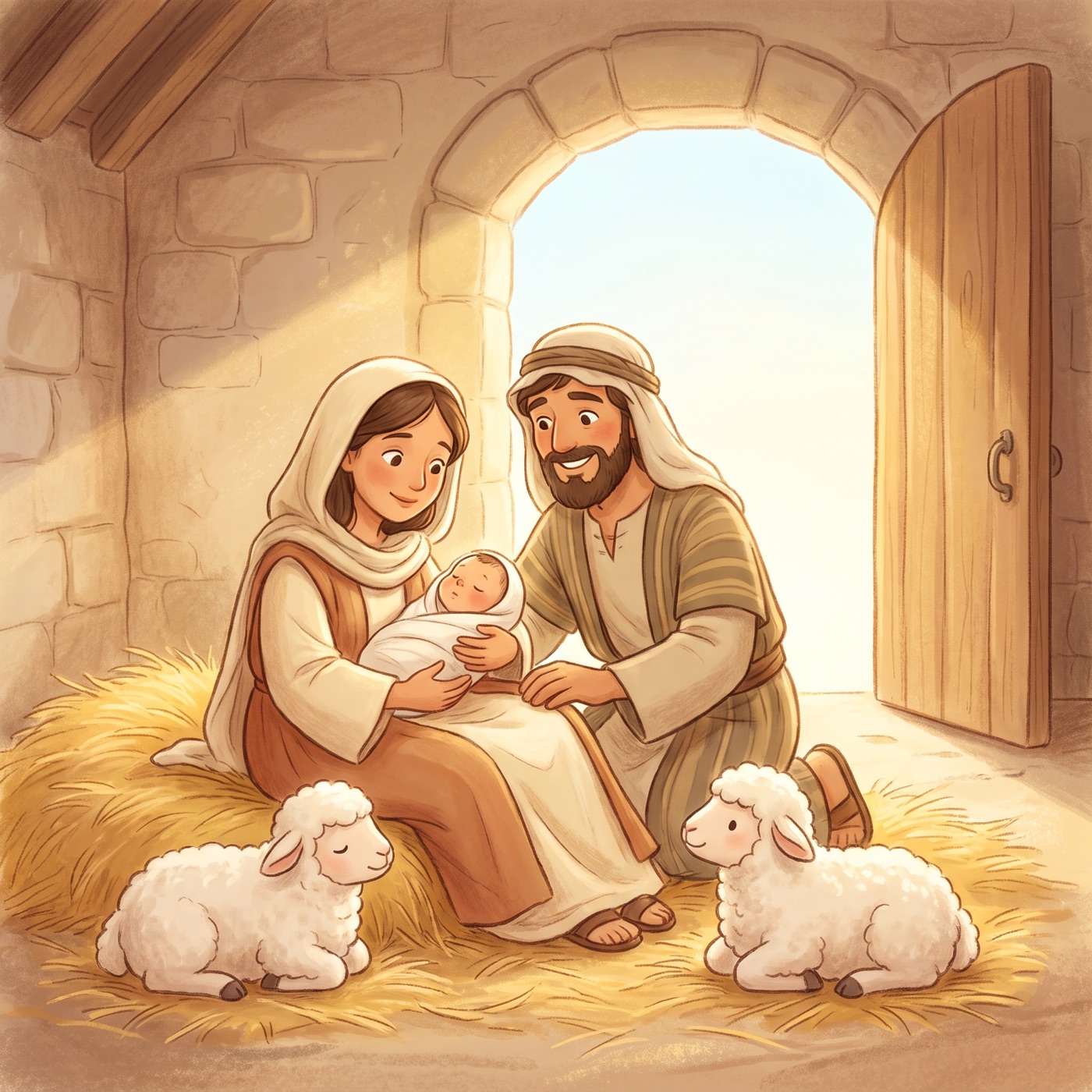 A young mother in modest ancient-Israel robes holding a newborn baby wrapped in soft cream cloth, a kind father kneeling close and smiling at the baby, gentle lambs resting nearby in warm golden daylight.