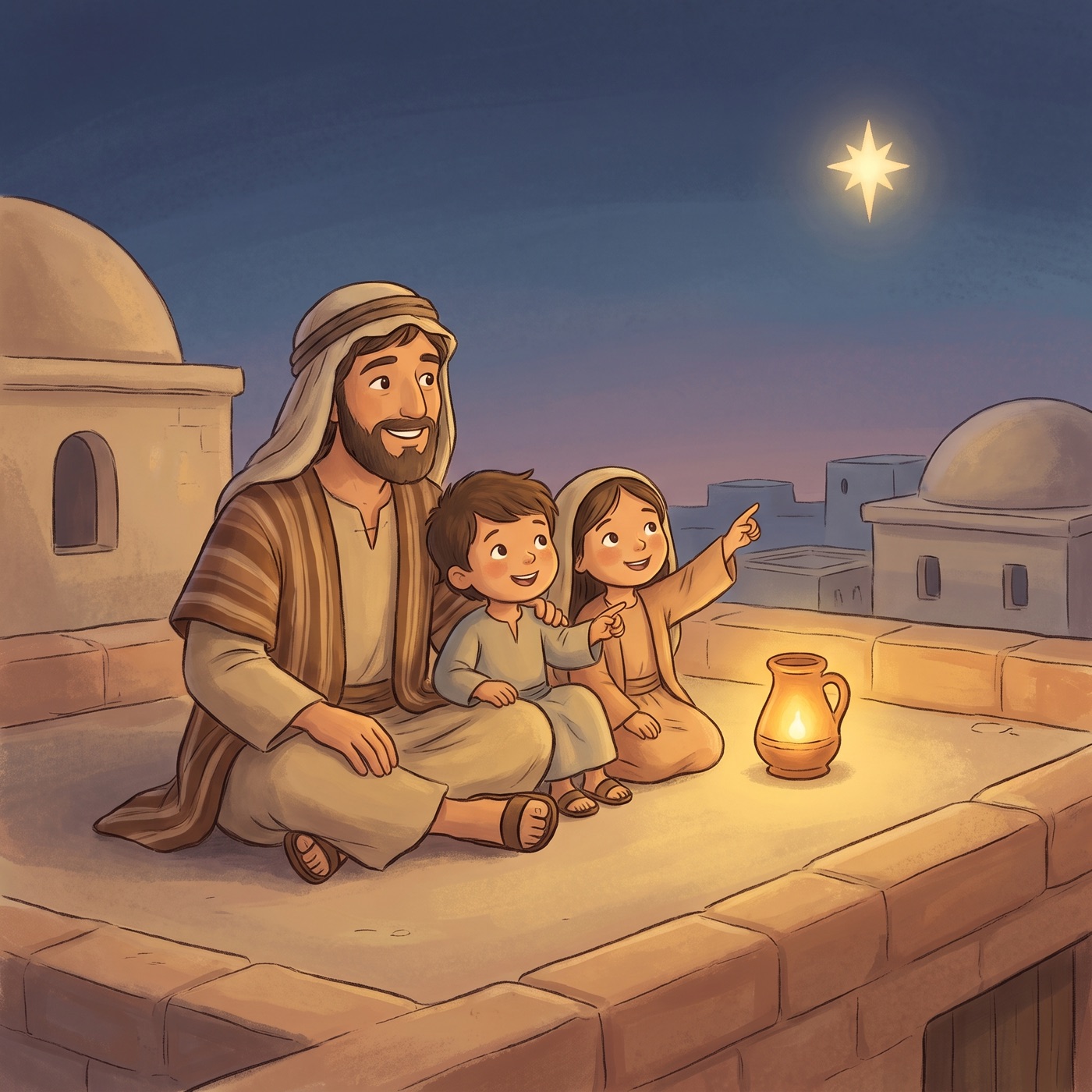 A father in an everyday striped tunic sitting on a flat rooftop with two small children in modest ancient-Israel robes, all smiling and pointing up at one big bright star in the evening sky, a warm lantern glowing beside them.