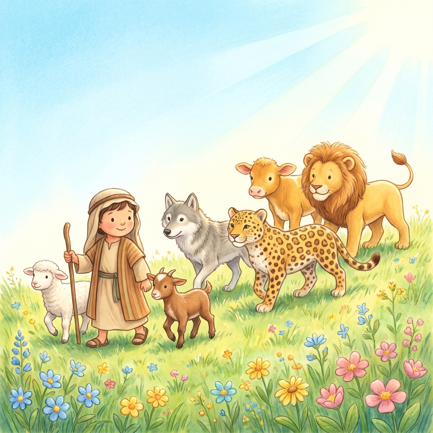 A little child in modest ancient-Israel robes walking happily through a sunny green meadow leading a gentle wolf, a fluffy white lamb, a spotted leopard, a baby goat, a calf and a kind-faced young lion all walking peacefully together among wildflowers.