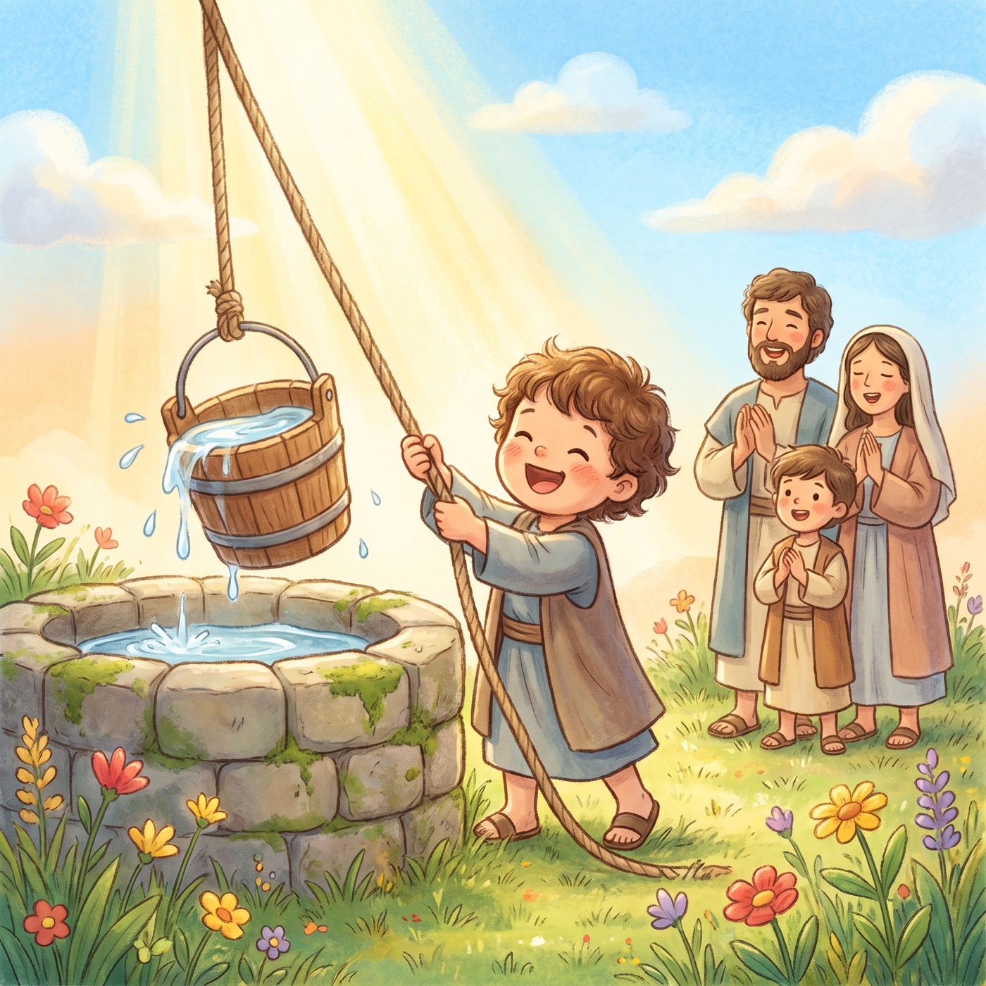 A laughing child in modest ancient-Israel robes pulling up a wooden bucket brimming with clear water from a round stone well, with a happy family singing nearby in a green meadow full of wildflowers under a bright sky.