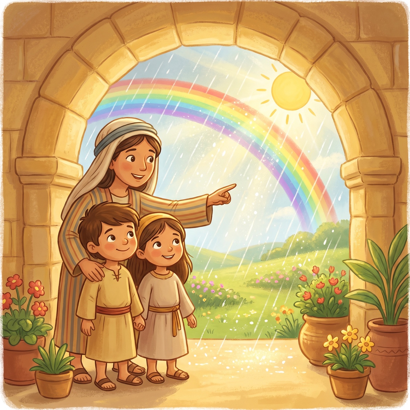 Two happy children in modest ancient-Israel robes sitting cosy and dry under a wide stone archway while a sunlit rain shower falls outside with a rainbow, a kind mother with a warm arm around them.
