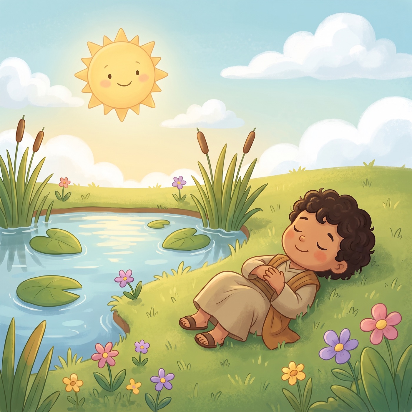 A little child in modest ancient-Israel robes lying peacefully on soft green grass beside a still pond, eyes gently closed with a contented smile, surrounded by reeds and wildflowers under a bright sky.