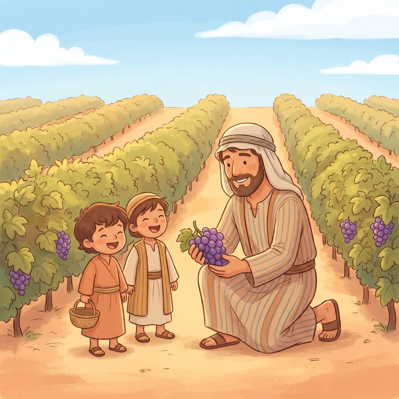A kind gardener in an everyday striped tunic and cloth head wrap tending a lush green vineyard heavy with purple grapes on a sunny morning, with two small children helping carry a woven basket.