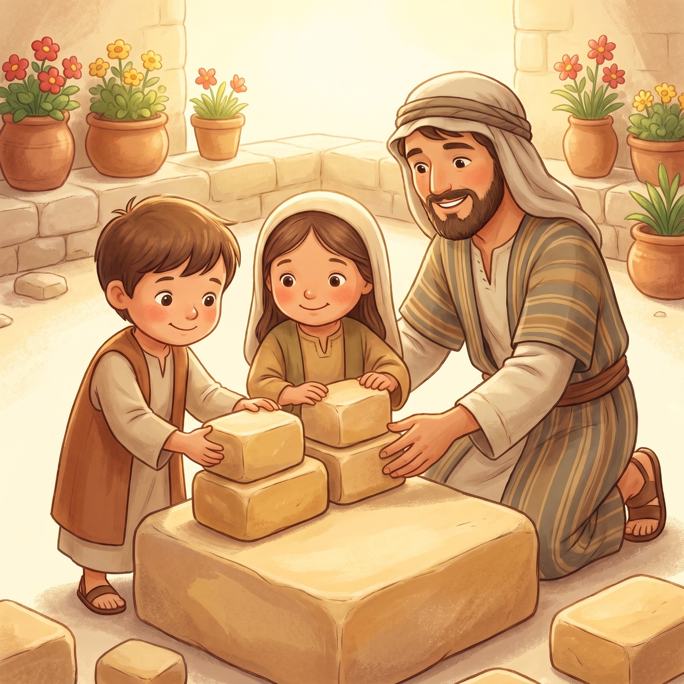 Two small children in modest ancient-Israel robes carefully stacking smooth stone blocks to build a little wall on a big flat cornerstone, with a kind father kneeling and guiding them in a sunny courtyard.