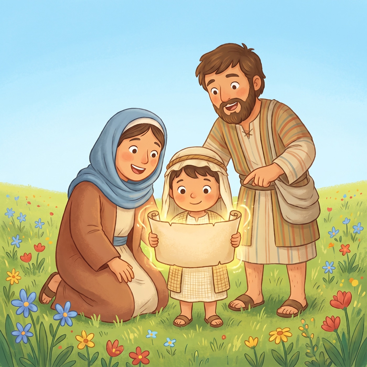 A small child in modest ancient-Israel robes holding an open scroll with soft golden light glowing from its pages, in a sunny green field with a family gathered close, all with delighted surprised faces.