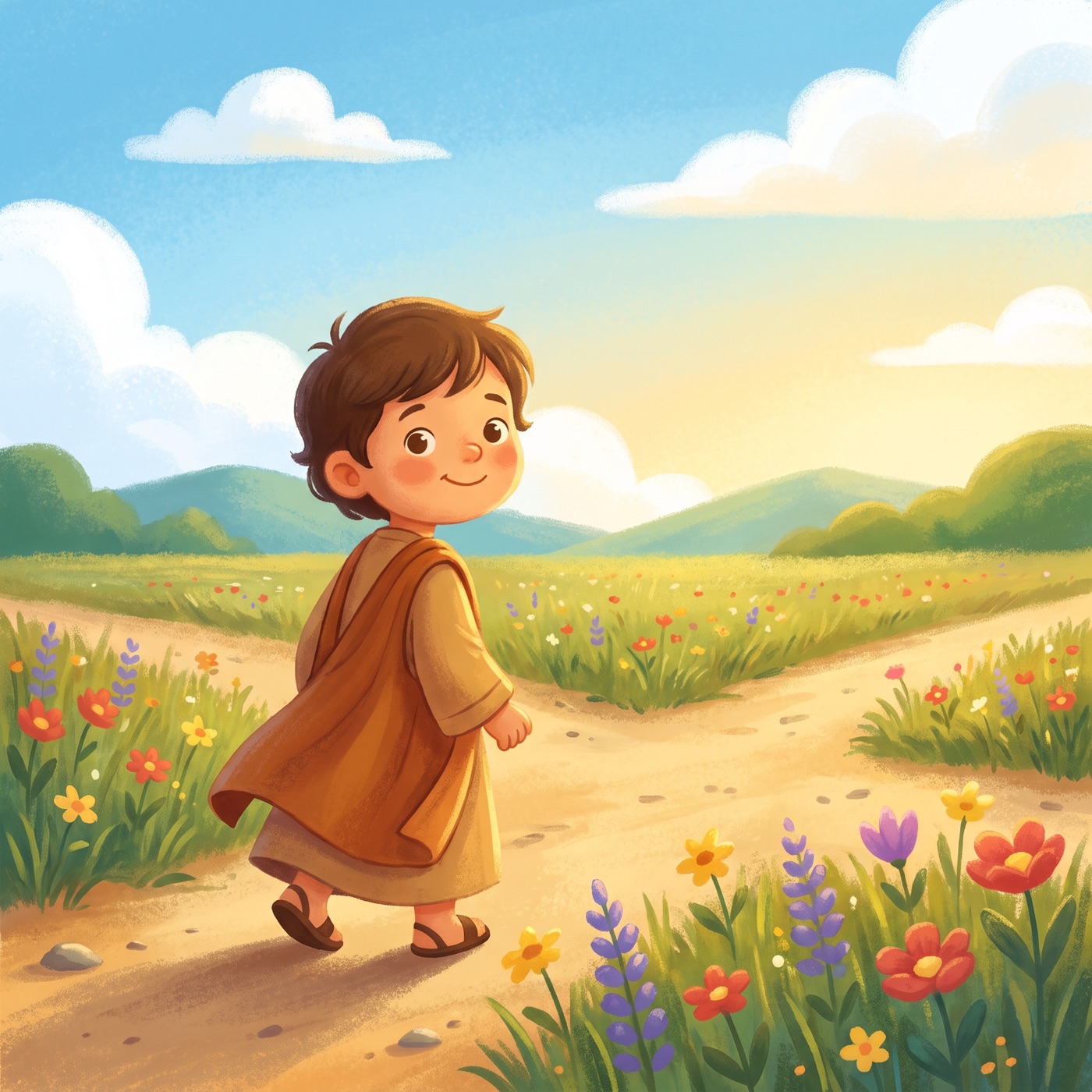 A little child in modest ancient-Israel robes standing where a grassy path splits in two, glancing back over one shoulder with a thoughtful happy smile, a warm golden glow behind, wildflowers all around.