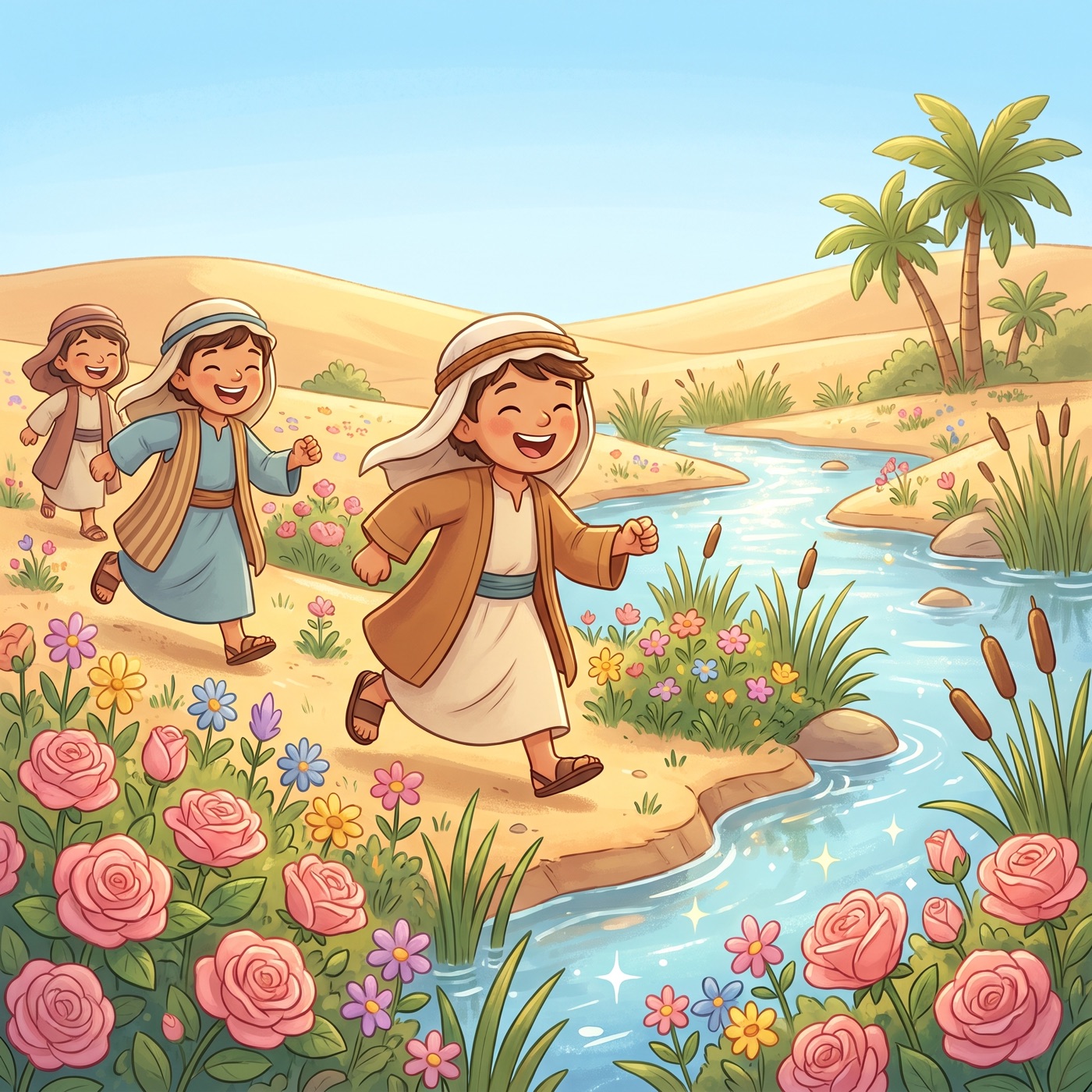 A sandy desert bursting into bloom, covered in pink roses and colourful wildflowers with a clear sparkling stream running through it, and three children in modest ancient-Israel robes running and laughing among the flowers.