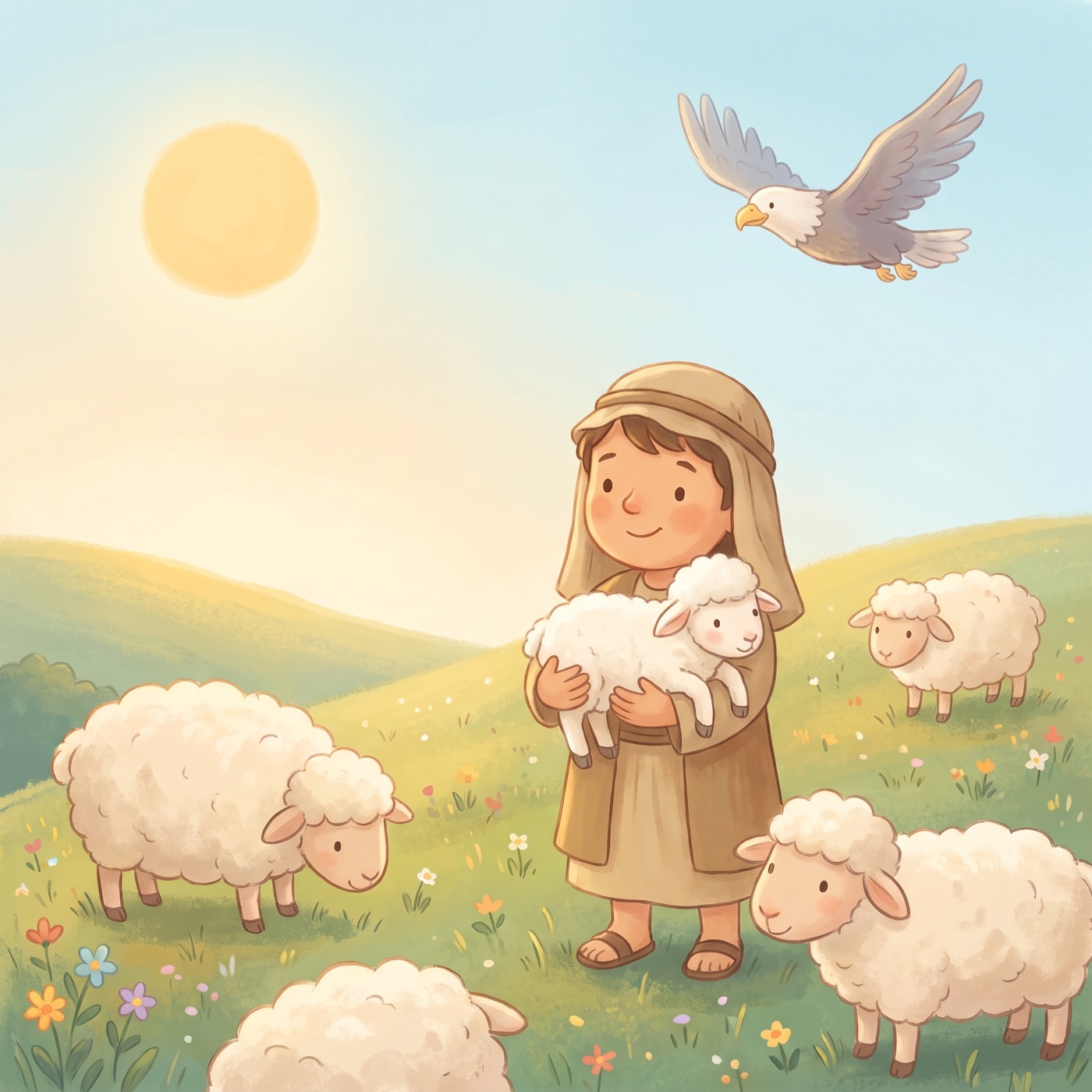 A kind young shepherd in modest ancient-Israel robes gently carrying a small fluffy white lamb close against his chest, with more sheep grazing on a green hillside and an eagle soaring high in a bright blue sky.