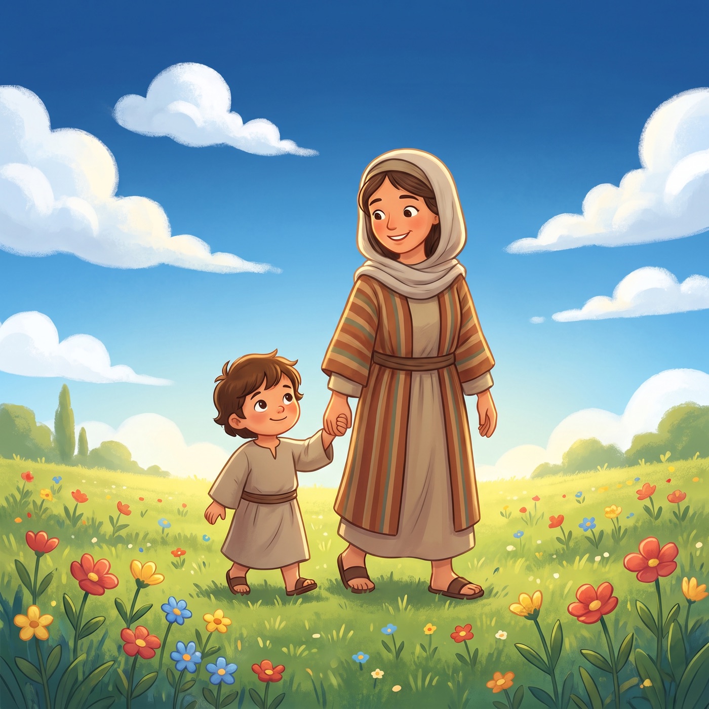 A small child in modest ancient-Israel robes holding a grown-up's hand tightly and beaming up at them, walking together across a sunny green meadow full of colourful wildflowers.