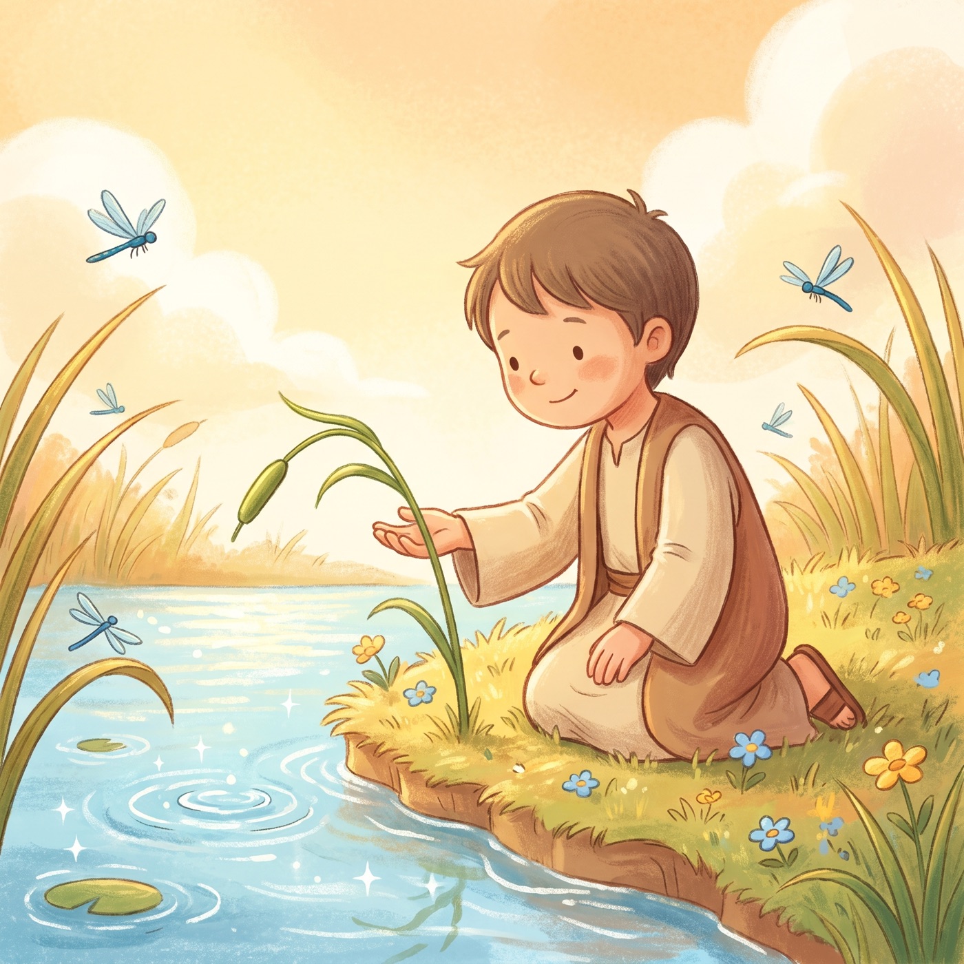 A child in modest ancient-Israel robes kneeling tenderly at a sunny riverbank, cupping a gentle hand around one bent green reed to hold it up, with tall grasses, dragonflies and sparkling water.