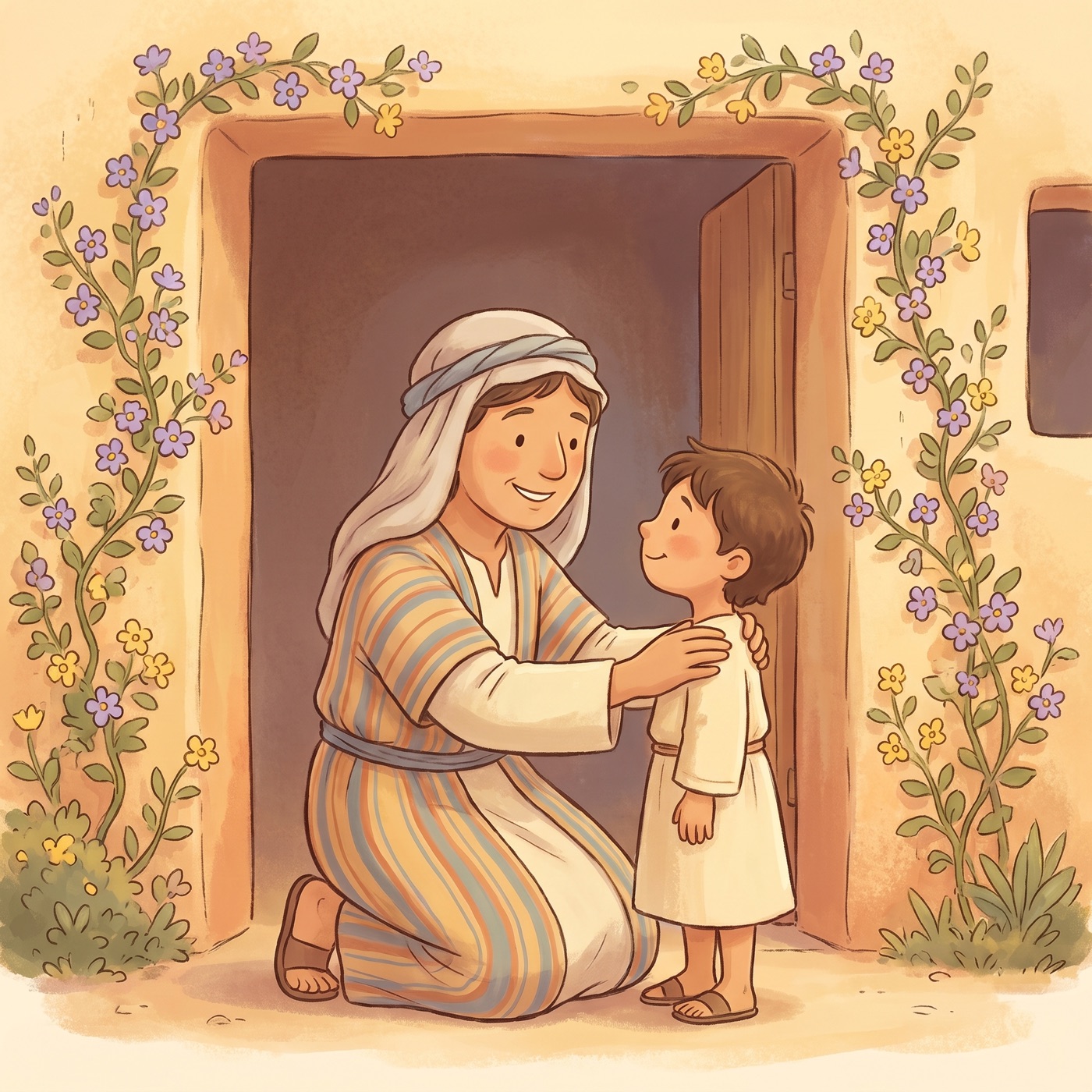 A kind parent in an everyday striped tunic and cloth head wrap kneeling to speak warmly face to face with a small child in modest ancient-Israel robes, hands resting gently on the child's shoulders, both smiling.