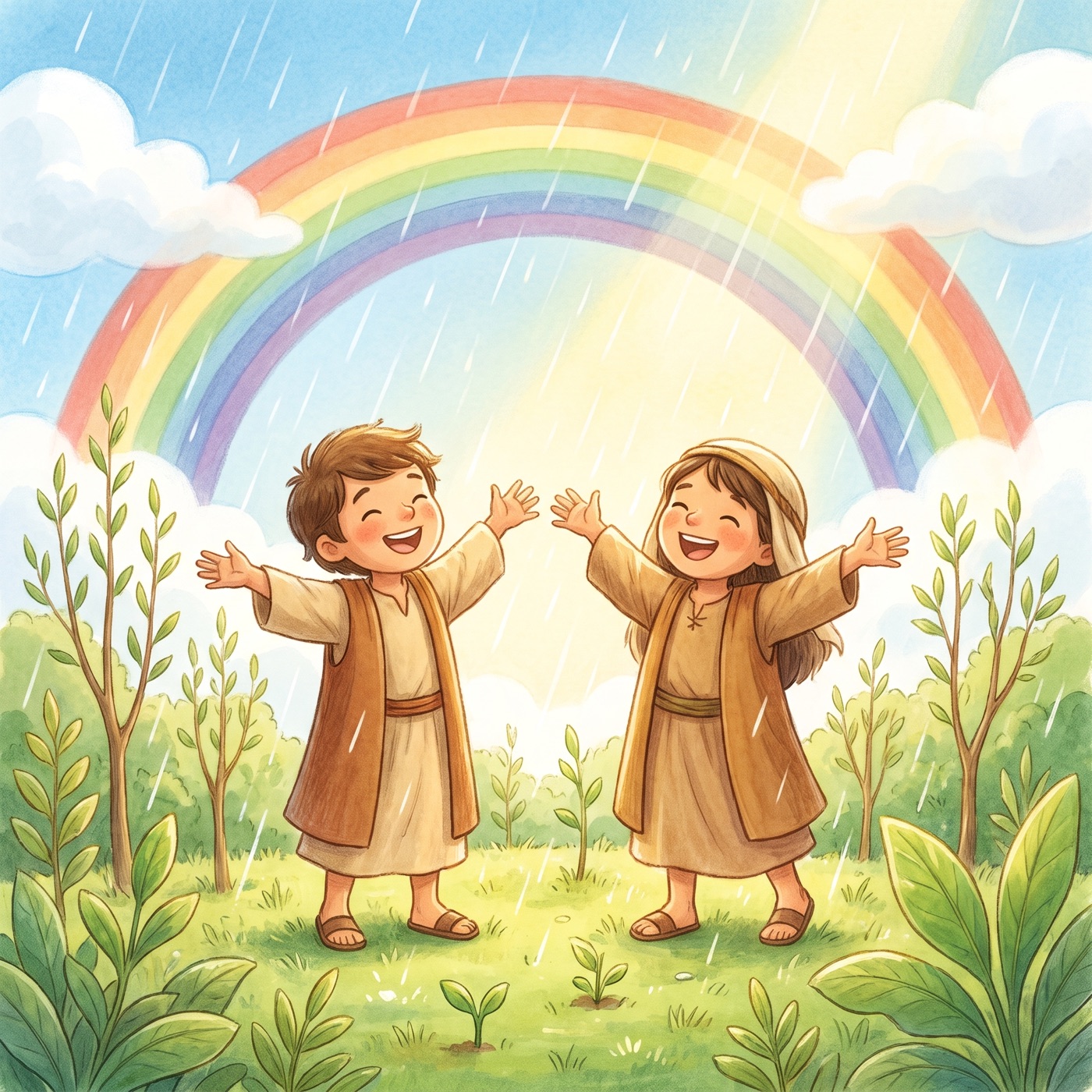 Warm rain falling in bright sunshine onto a fresh green garden where willow saplings and leafy plants spring up, with two children in modest ancient-Israel robes laughing with faces turned up and a rainbow overhead.
