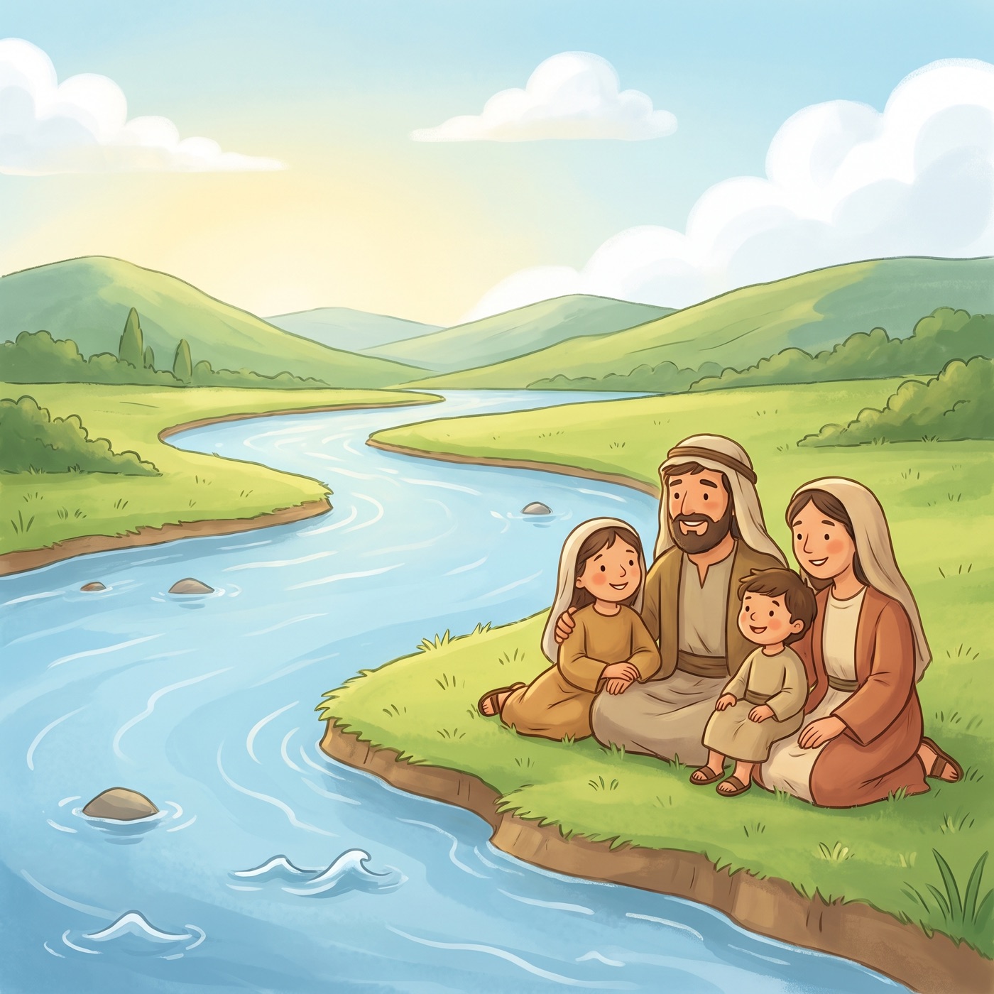 A wide calm blue river winding gently through a lush green valley, with a family in modest ancient-Israel robes sitting peacefully on the grassy bank watching the water flow by under a bright sky.