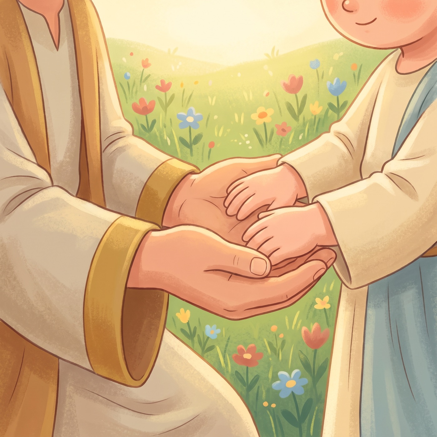 A close warm view of a grown-up's open cupped hands held out gently with a small child's hands resting trustingly inside them, in a sunny outdoor setting with green grass and colourful wildflowers.