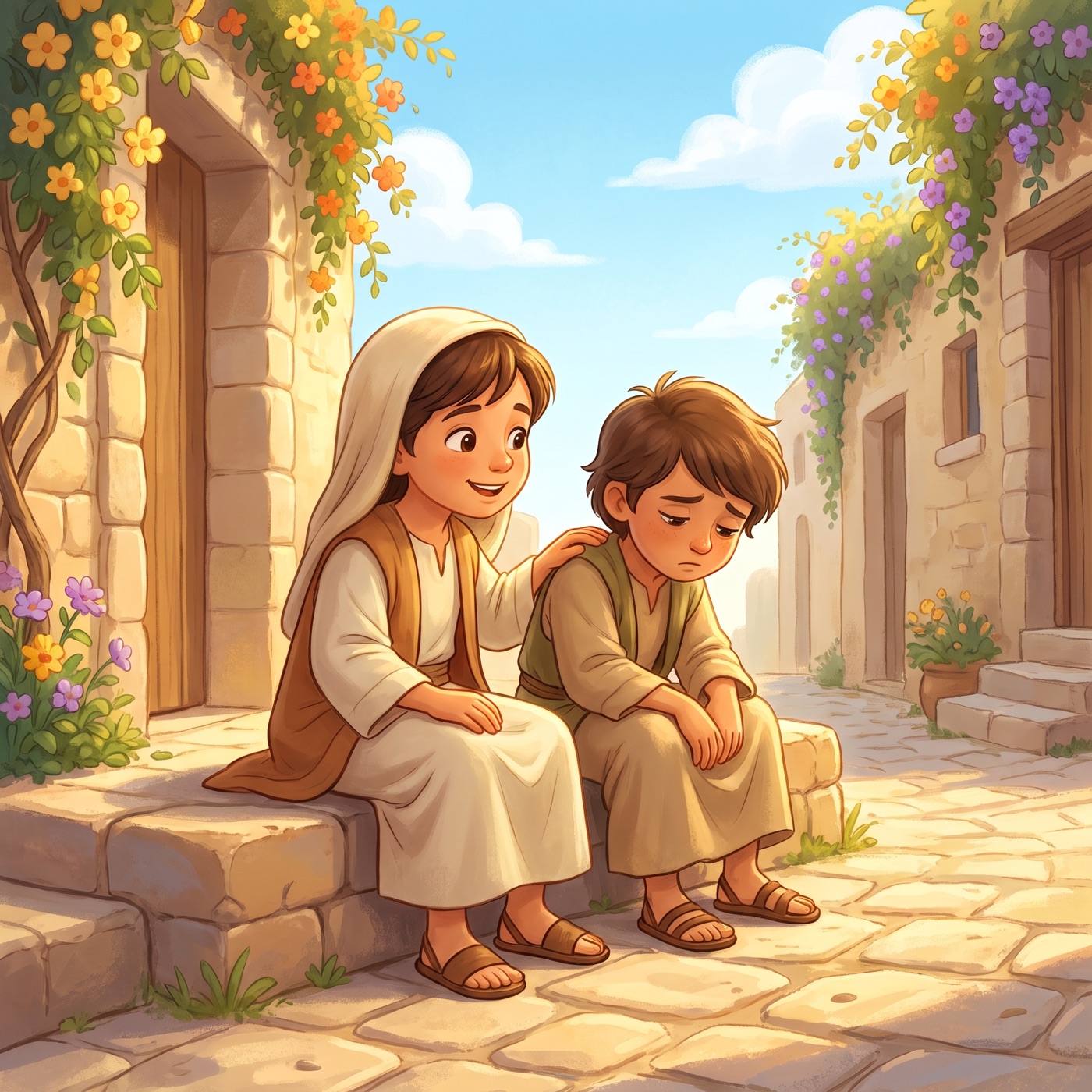 A child in modest ancient-Israel robes sitting close beside another tired, downcast child on a low stone step, speaking gently with a hand on their shoulder and a kind smile, in a sunny village lane.