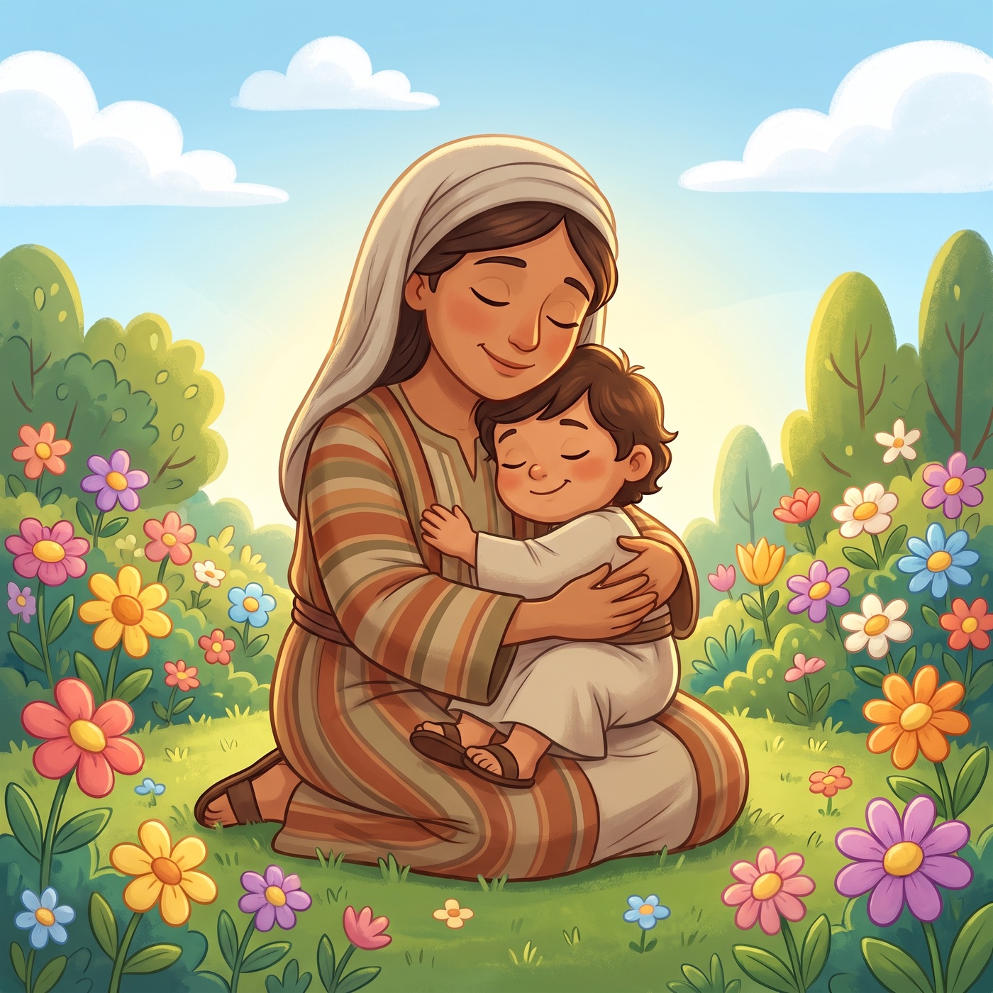 An ordinary village mother in an everyday striped tunic and cloth head wrap holding her small child close in a warm comforting hug in a sunny green garden, both smiling with eyes gently closed.