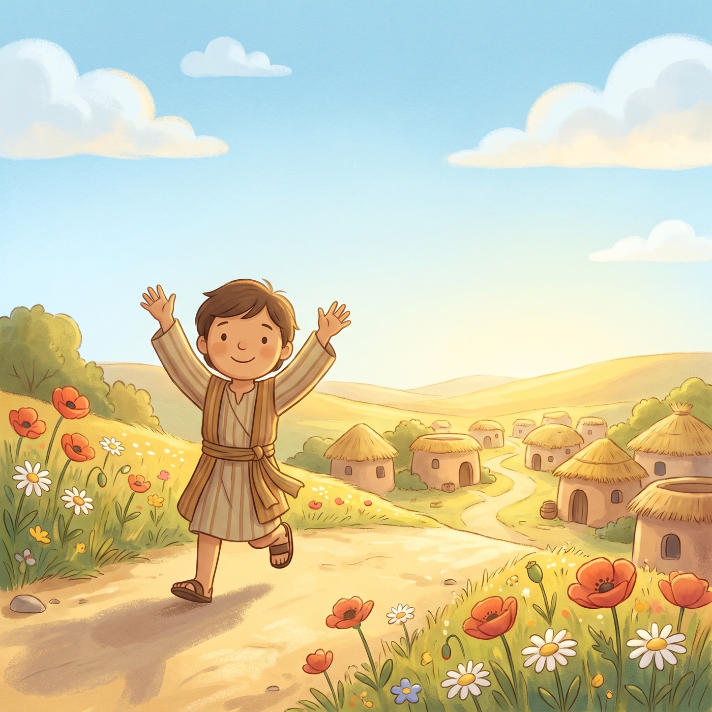 A joyful young messenger in modest ancient-Israel robes running happily down a green mountain path with both arms raised high, a village visible in the sunny valley below, wildflowers along the path.
