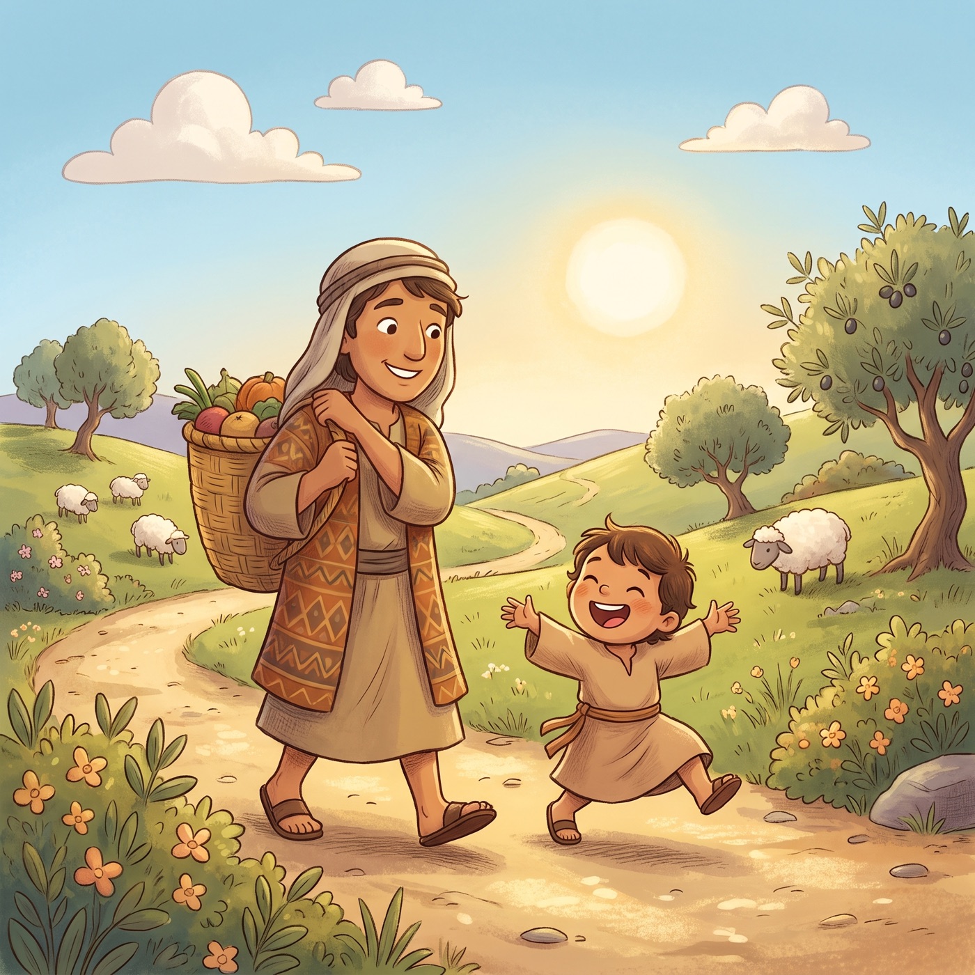 A kind grown-up in an everyday striped tunic carrying a big heavy woven basket on one shoulder while walking beside a small child in modest ancient-Israel robes who skips along happily with empty hands.
