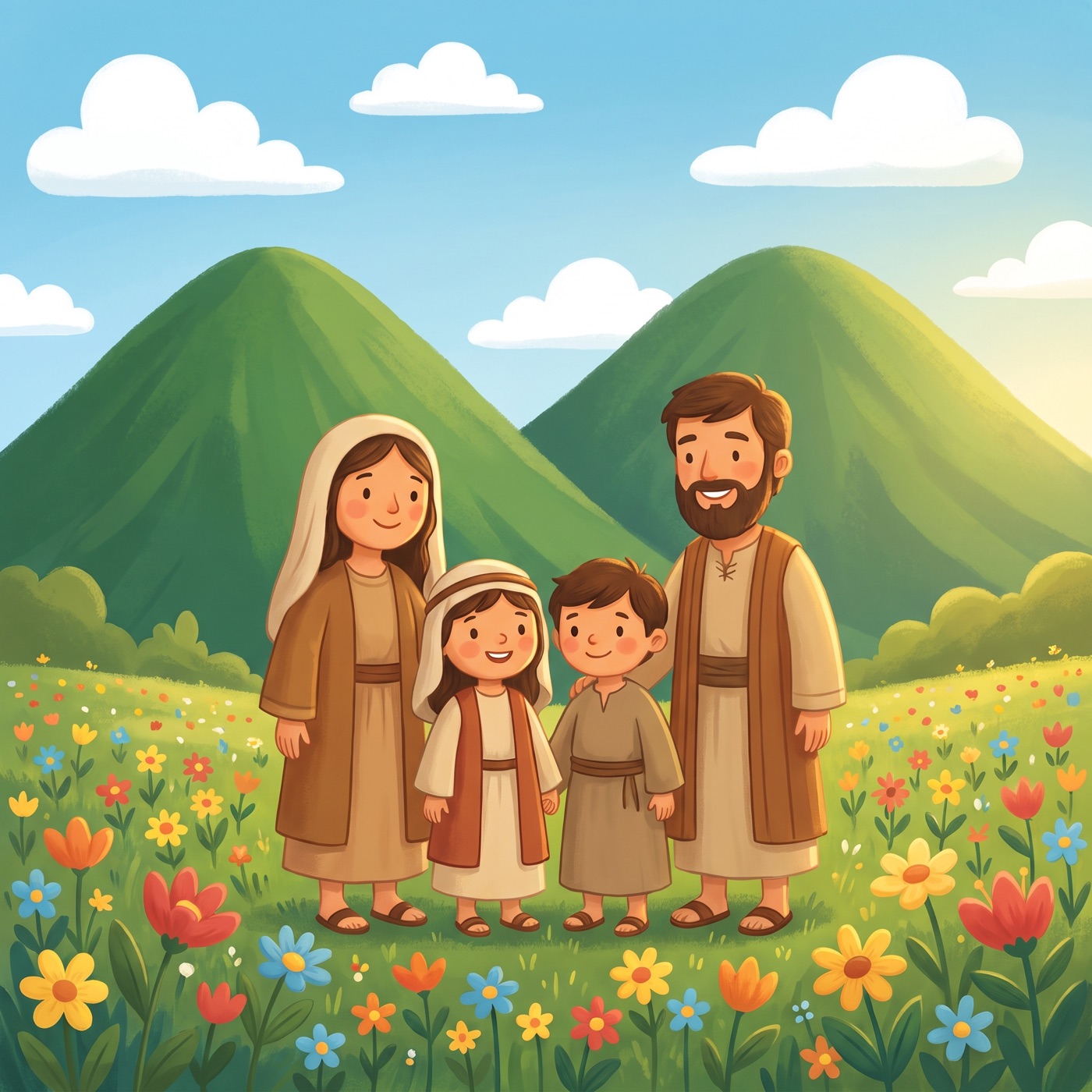 Two great green mountains standing solid under a bright blue sky, with a small happy family in modest ancient-Israel robes standing together in a flowery meadow in front of them in warm sunlight.