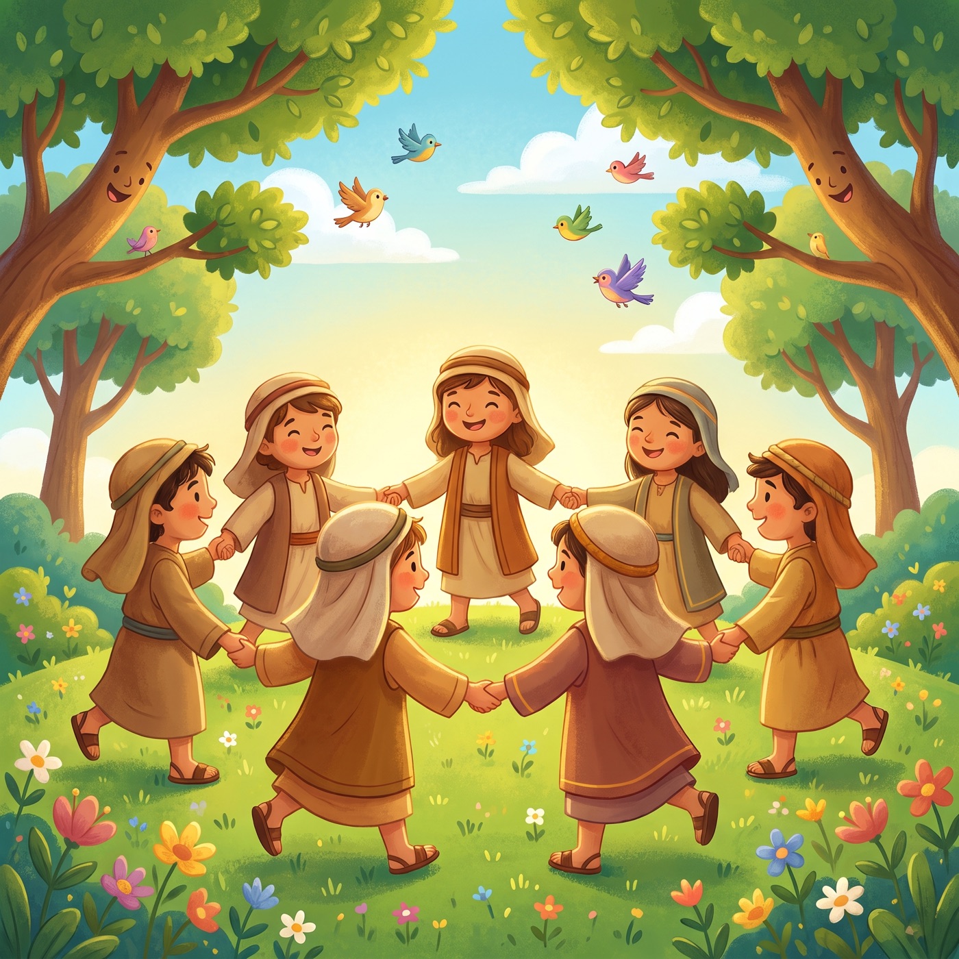 Cheerful leafy green trees with their branches raised up like happy arms in a sunny green valley, with children in modest ancient-Israel robes dancing and singing joyfully among them and songbirds flying.