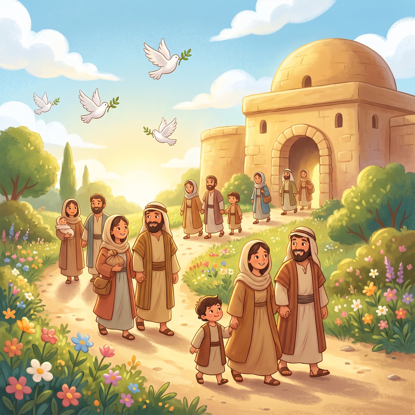 Many different happy families in modest ancient-Israel robes walking together up a sunny path toward a beautiful open honey-coloured stone house of worship on a bright morning, with white doves flying.