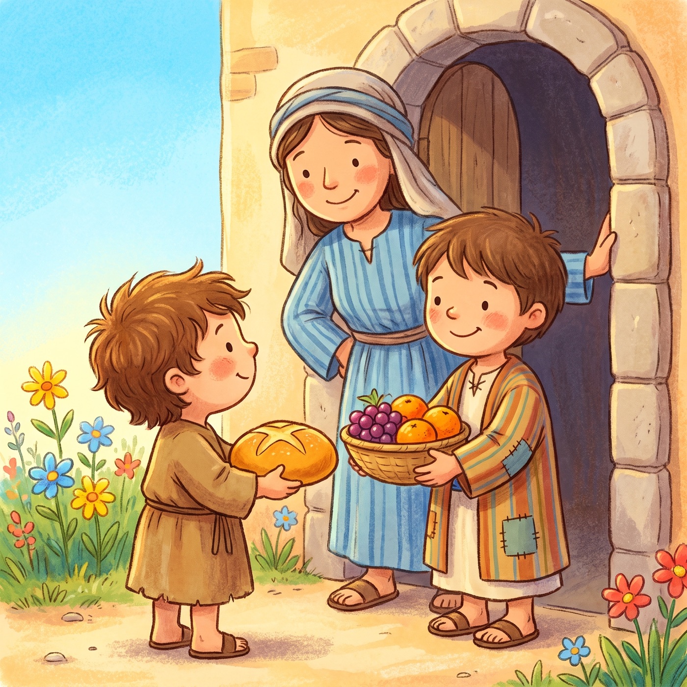 A child in modest ancient-Israel robes holding out a round loaf of bread and a bowl of fruit to another hungry child at a sunny doorway, both smiling, with a kind mother watching happily.