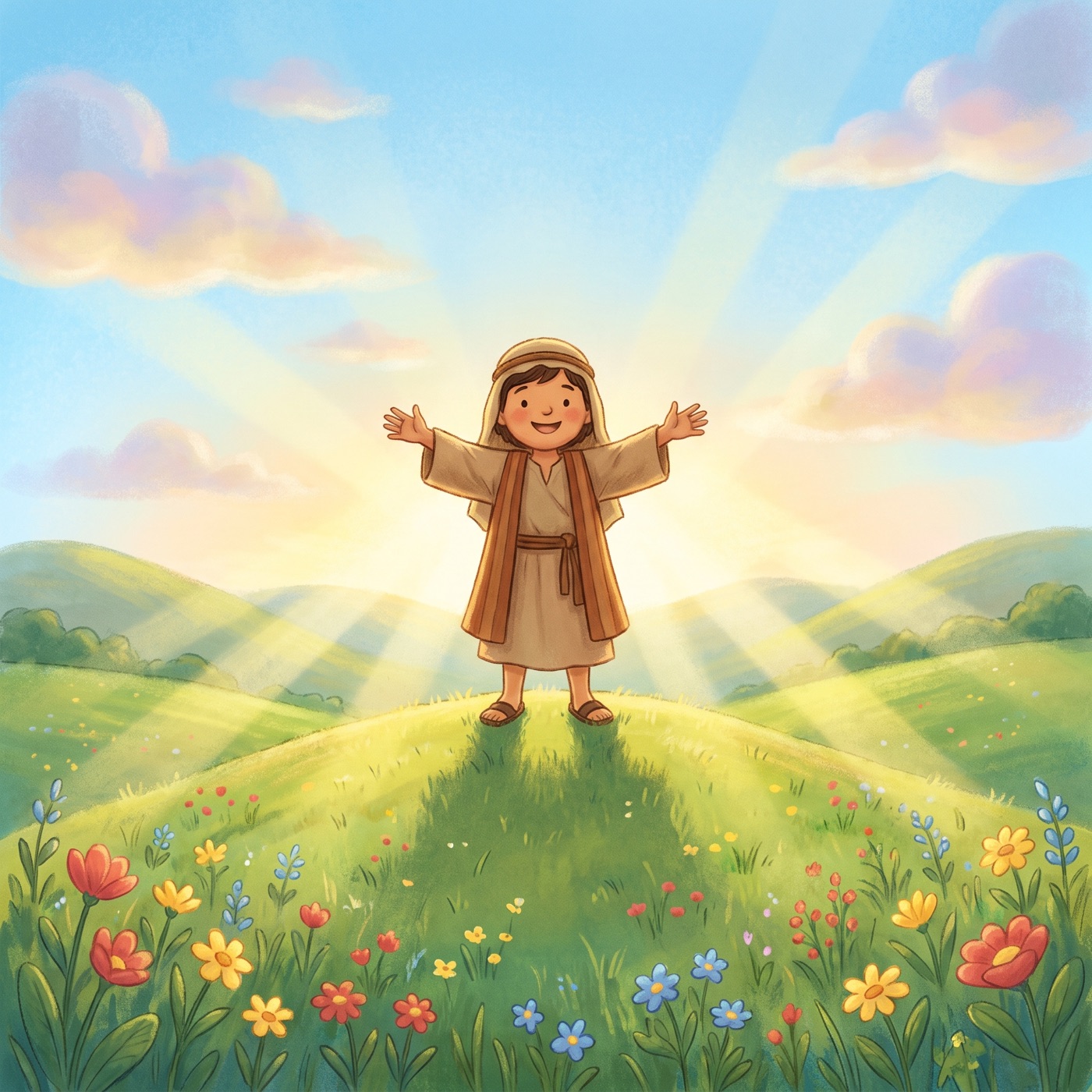 A child in modest ancient-Israel robes standing on a green hilltop at bright sunrise with both arms open wide, warm golden light streaming all around, a green valley below.