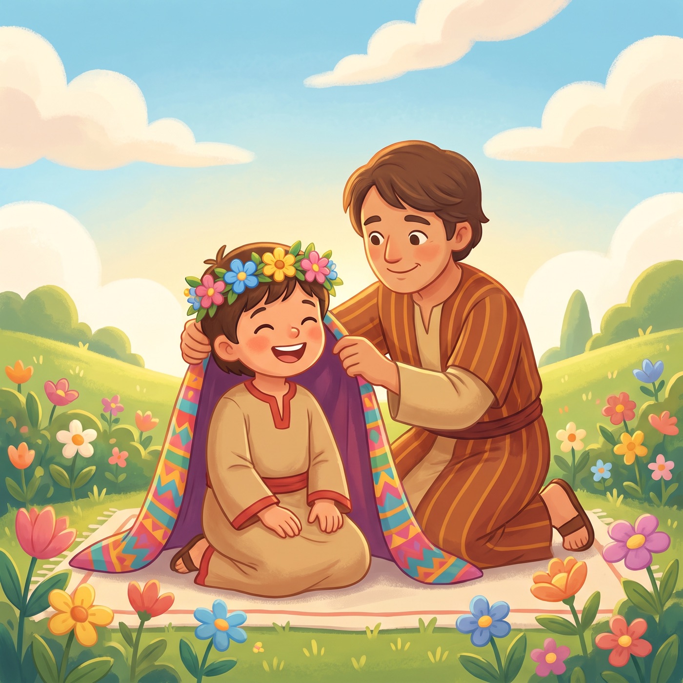 A delighted child in modest ancient-Israel robes receiving a woven flower crown and a bright colourful cloak from a kind grown-up in a sunny garden, beaming with joy.