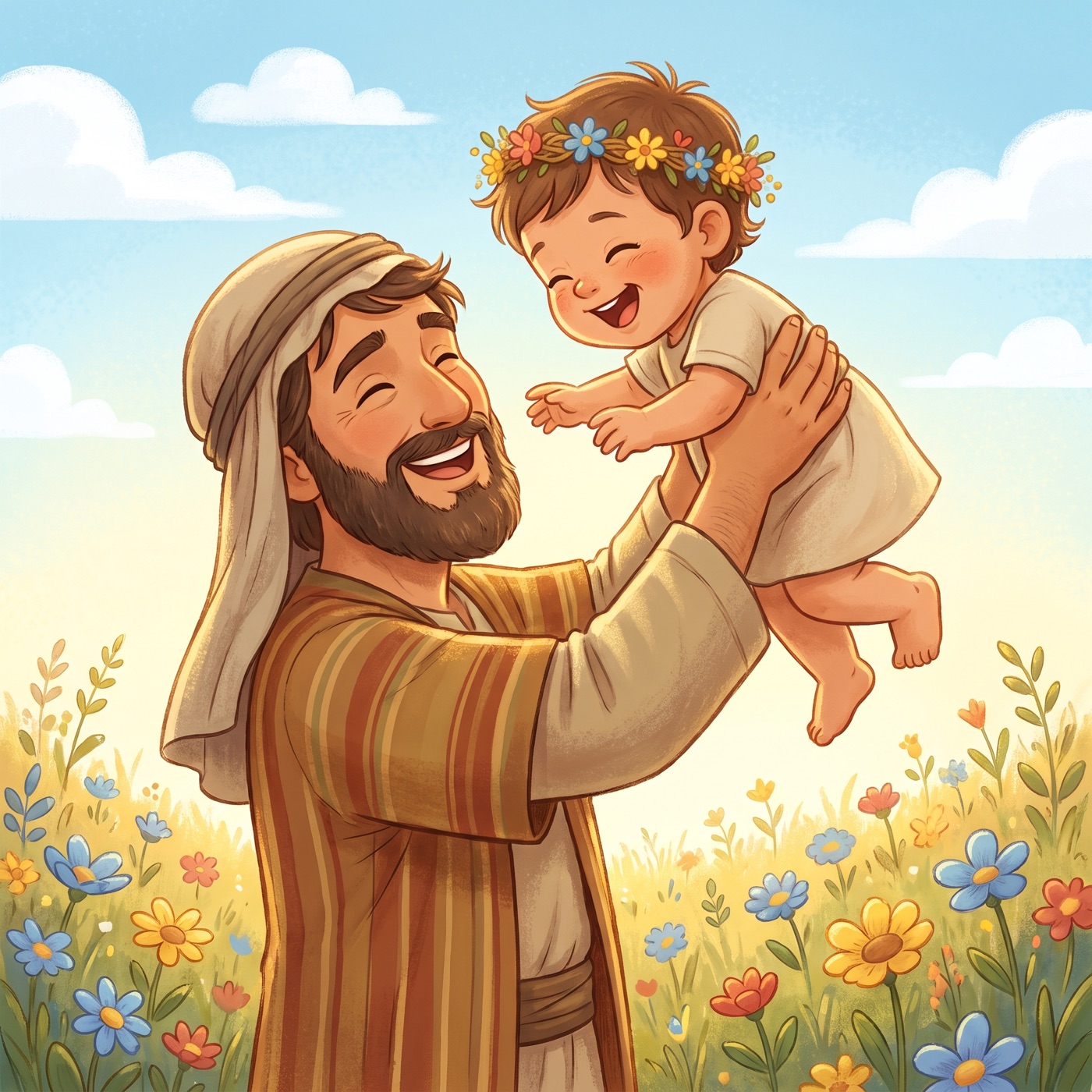 A kind parent in an everyday striped tunic joyfully lifting a small laughing child up into the air in a sunny meadow, both laughing, with a woven flower crown on the child's head.