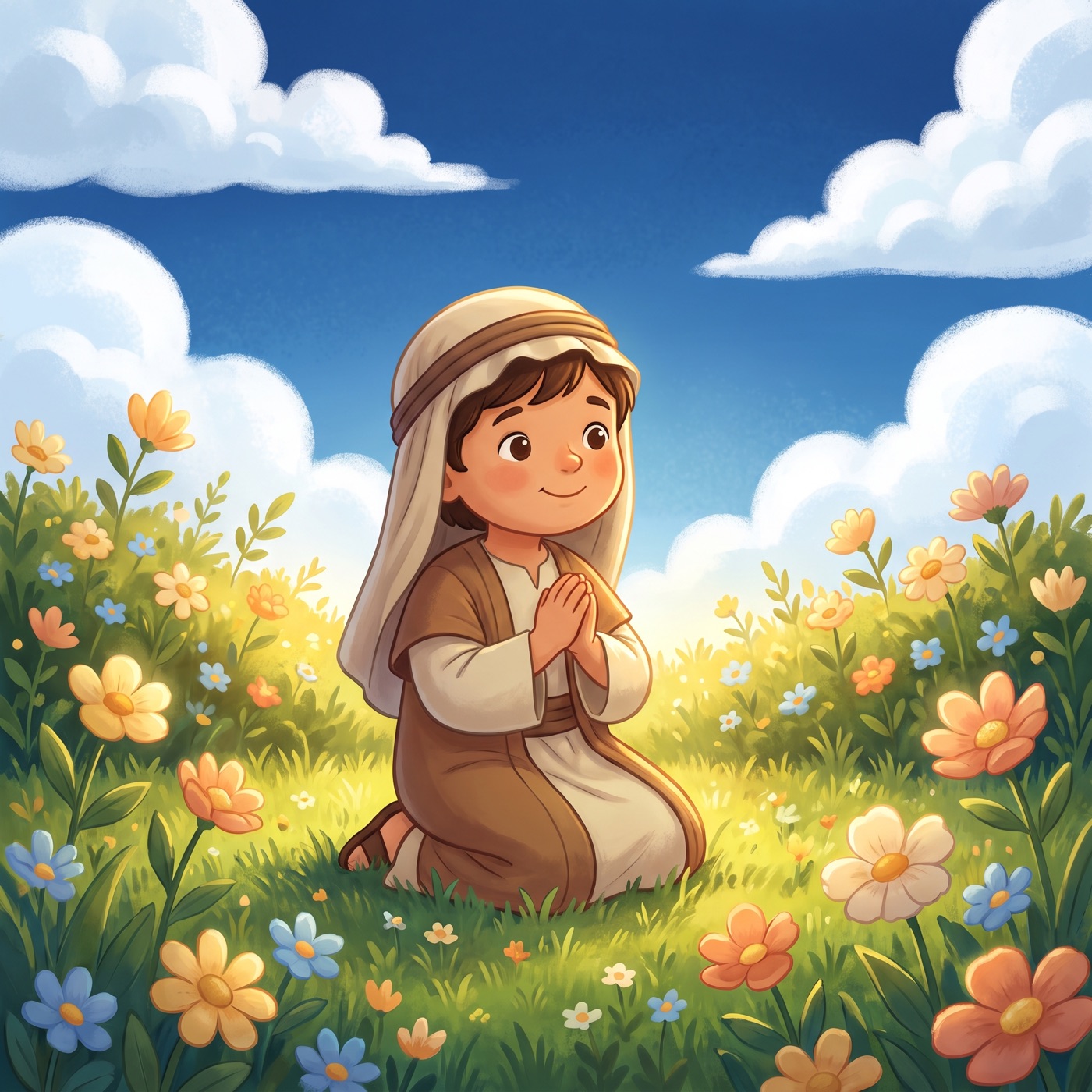 A small child in modest ancient-Israel robes kneeling quietly with hands gently folded in a sunny green garden, a warm golden glow of light around them, peaceful and happy.