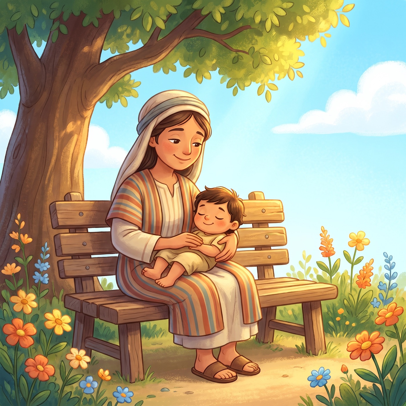 An ordinary village mother in an everyday striped tunic and cloth head wrap gently rocking her small sleepy child on her lap on a sunny bench under a big leafy tree, both peaceful and content.