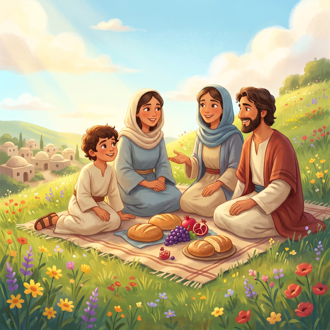 A happy family in modest ancient-Israel robes resting and talking together on a sunny green hillside, a picnic cloth spread with bread and fruit, everyone relaxed and smiling.