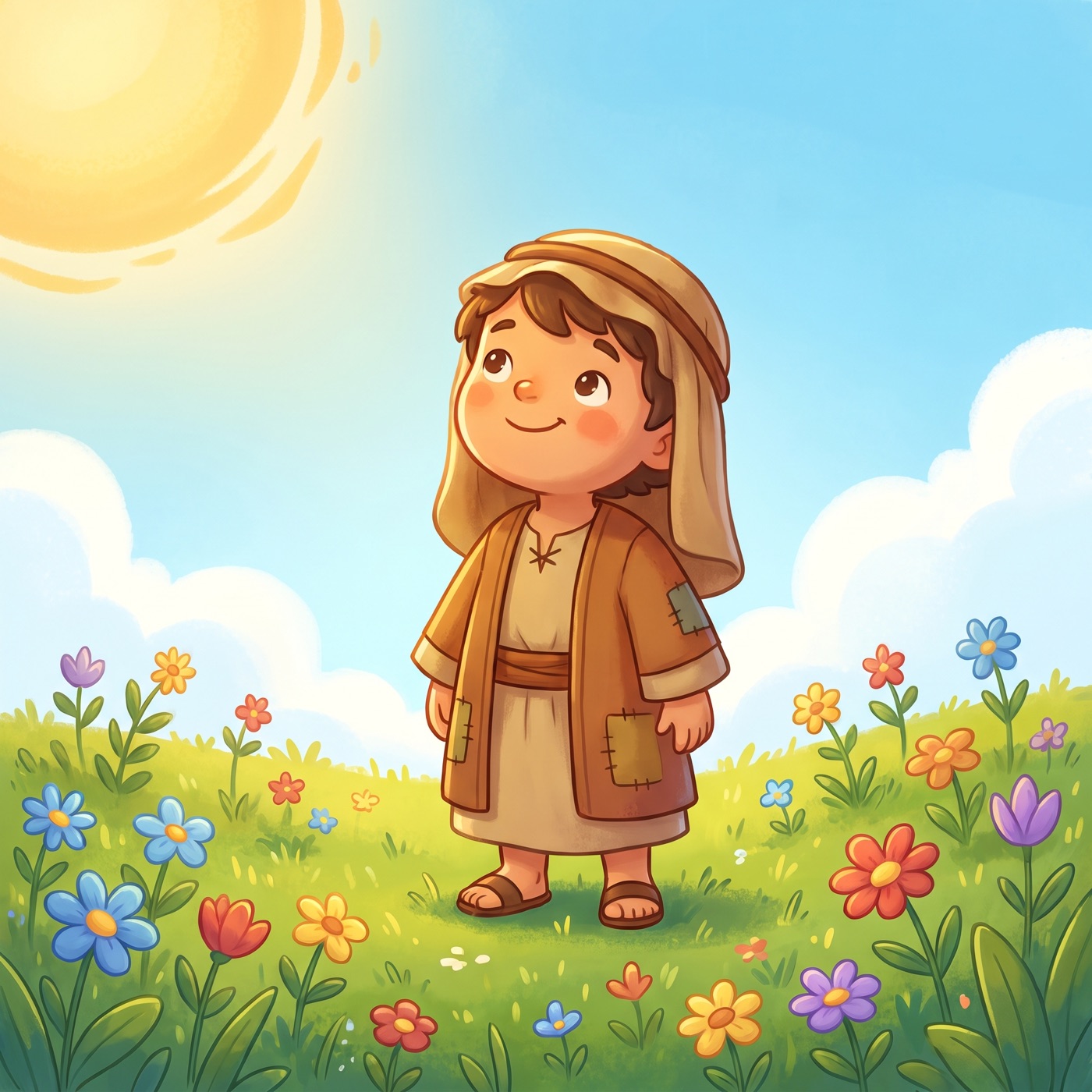 A small child in modest ancient-Israel robes standing tall and brave in a sunny green field with a warm golden glow of light around them, looking upward with a confident happy smile.