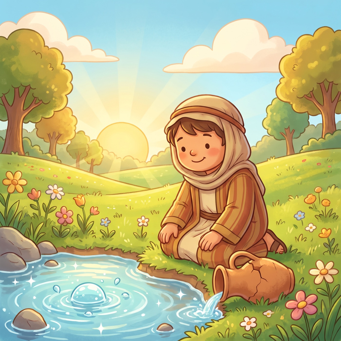 A child in modest ancient-Israel robes kneeling beside a clear bubbling spring of fresh water in a sunny green meadow, with an old cracked empty clay jar set aside on the grass nearby.