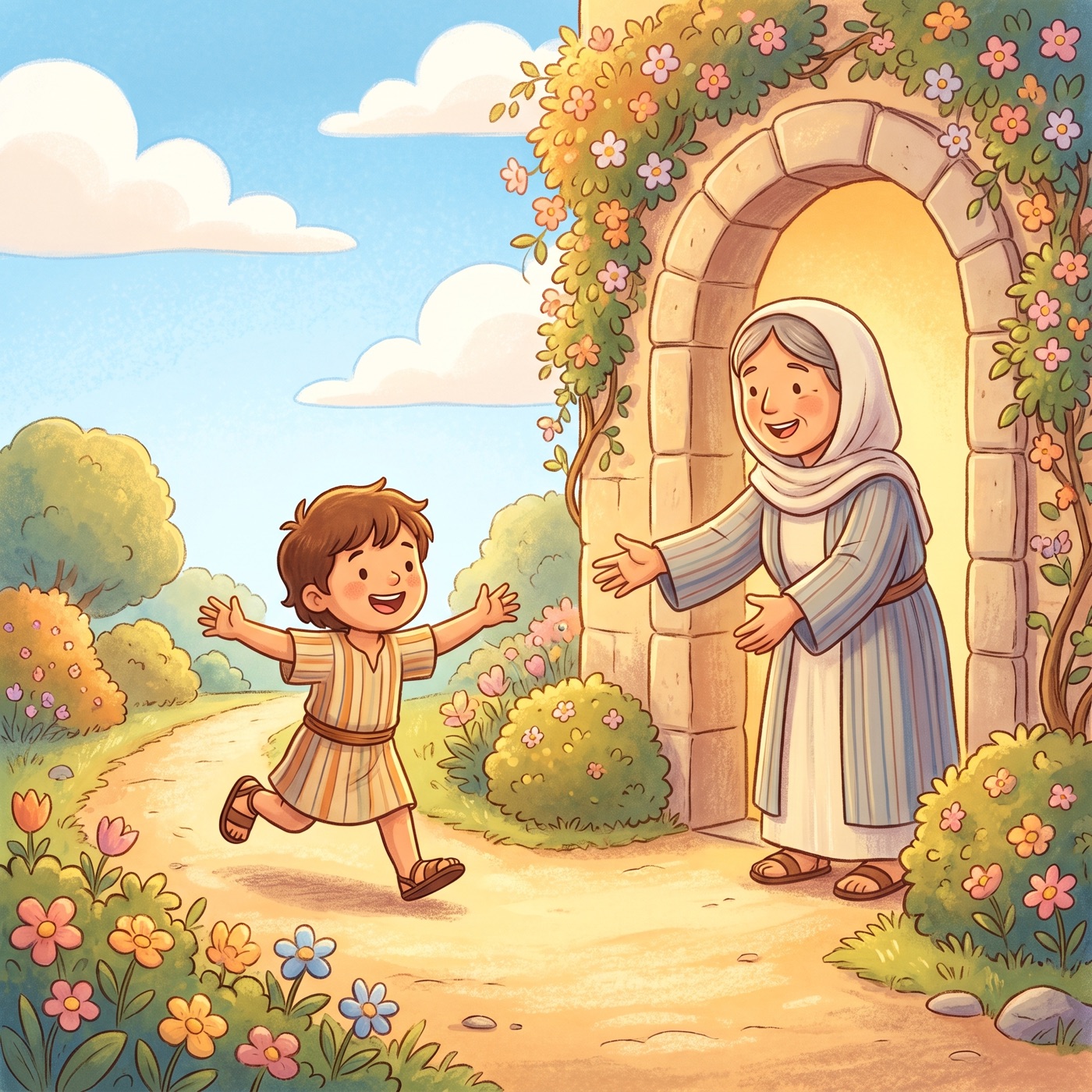 A child in modest ancient-Israel robes running joyfully up a sunny path toward a warm open doorway where a kind parent in an everyday striped tunic waits with both arms open wide.