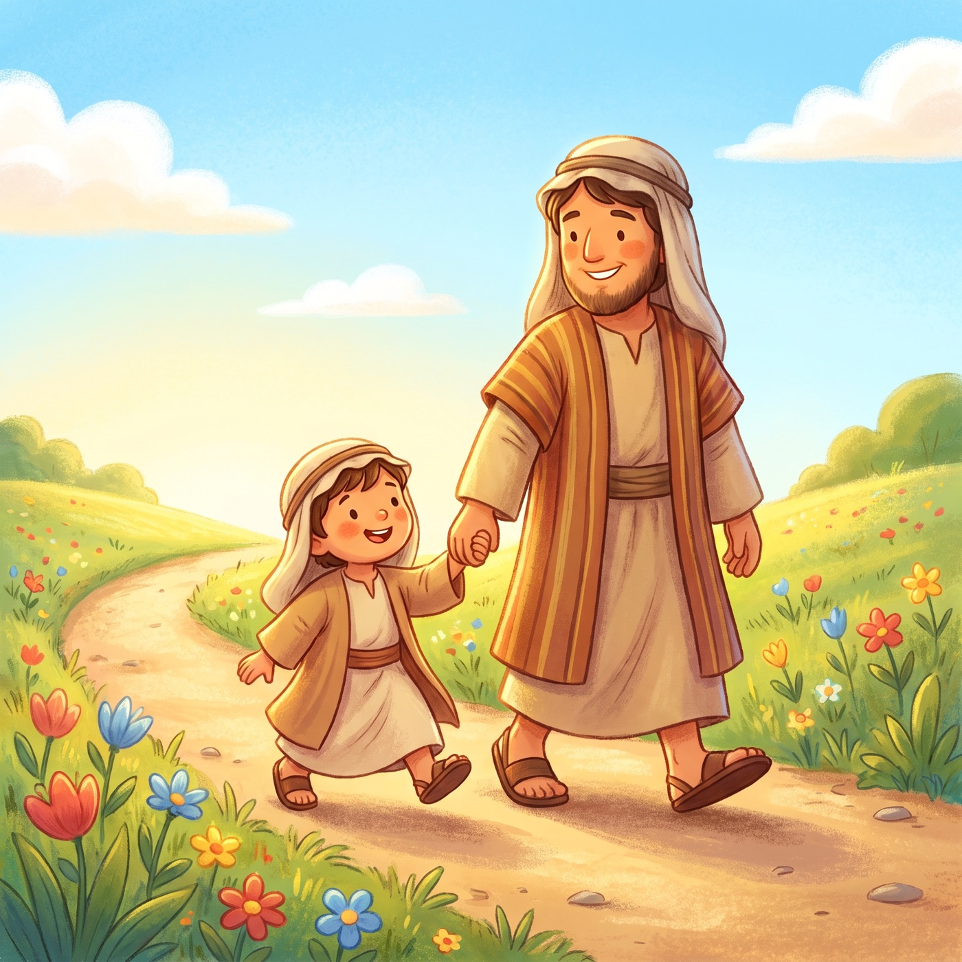 A kind parent in an everyday striped tunic and cloth head wrap and a small child in modest ancient-Israel robes walking side by side along a clear sunny path through green fields, the child copying the parent's steps.