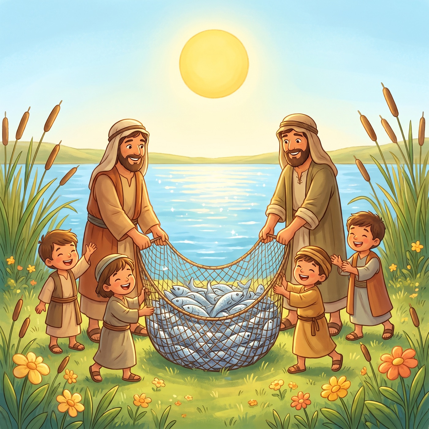 Cheerful fishermen in modest ancient-Israel robes happily pulling in a big net full of shiny silver fish from a sparkling blue lake, with children helping on the green shore.