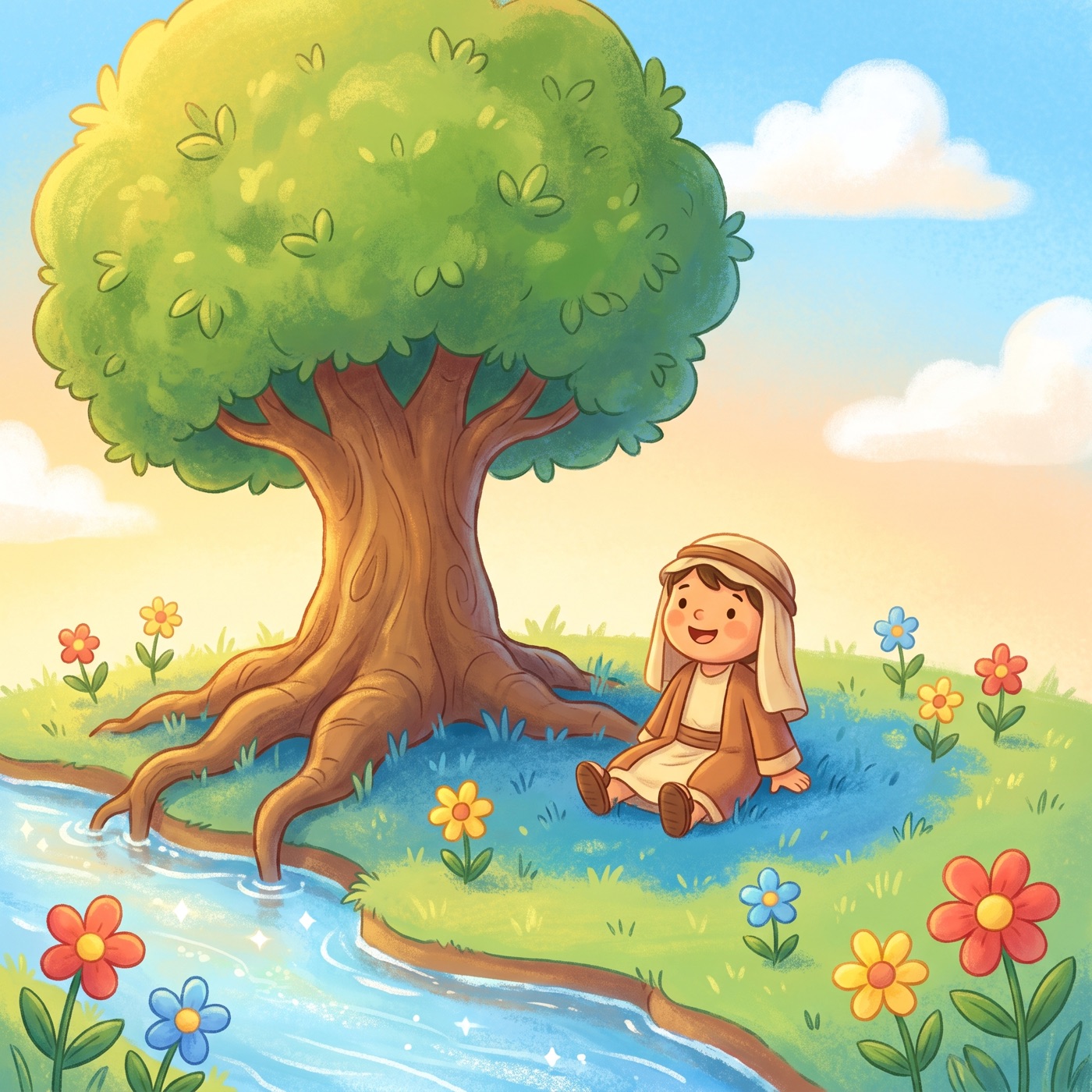 A big healthy leafy green tree with strong deep roots growing beside a clear sparkling stream, with a child in modest ancient-Israel robes sitting happily in its cool shade.