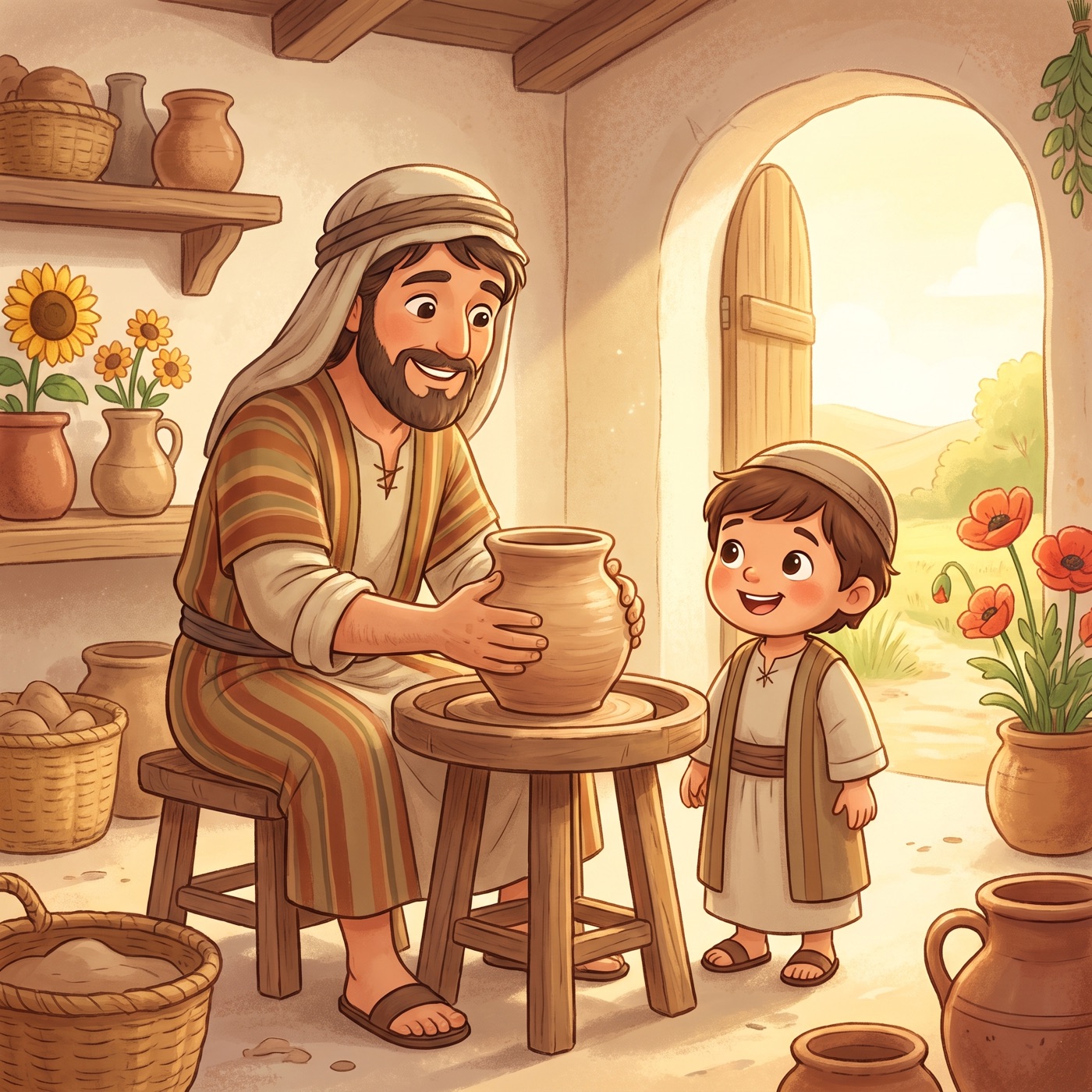 A kind potter in an everyday striped tunic and cloth head wrap shaping a smooth clay pot on a spinning potter's wheel with gentle careful hands, a small child watching closely with delight.