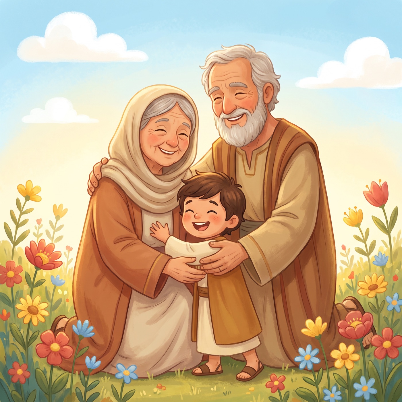 A kind grandmother and grandfather in modest ancient-Israel robes hugging their small grandchild warmly in a sunny green garden, all three laughing with joy among colourful wildflowers.