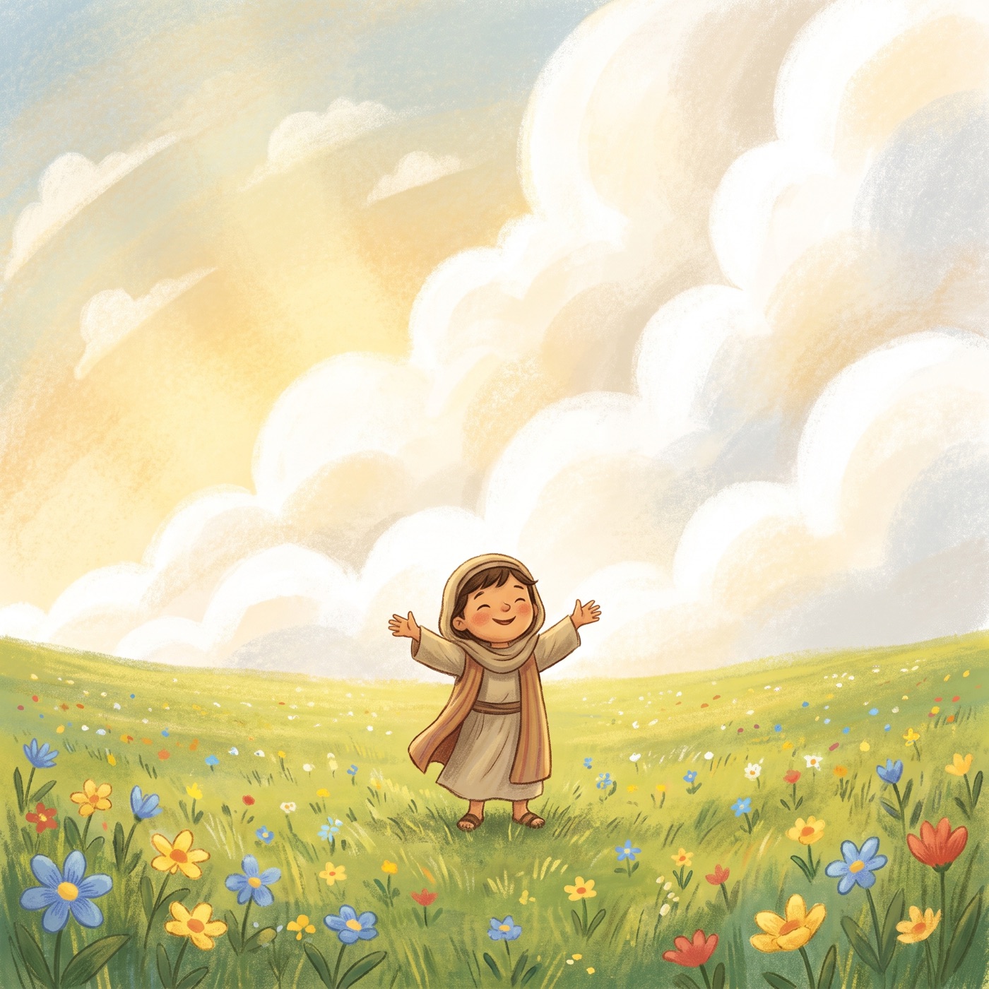 A small child in modest ancient-Israel robes standing in a wide sunny green field with both arms spread wide beneath an enormous bright blue sky and towering white clouds, smiling happily.