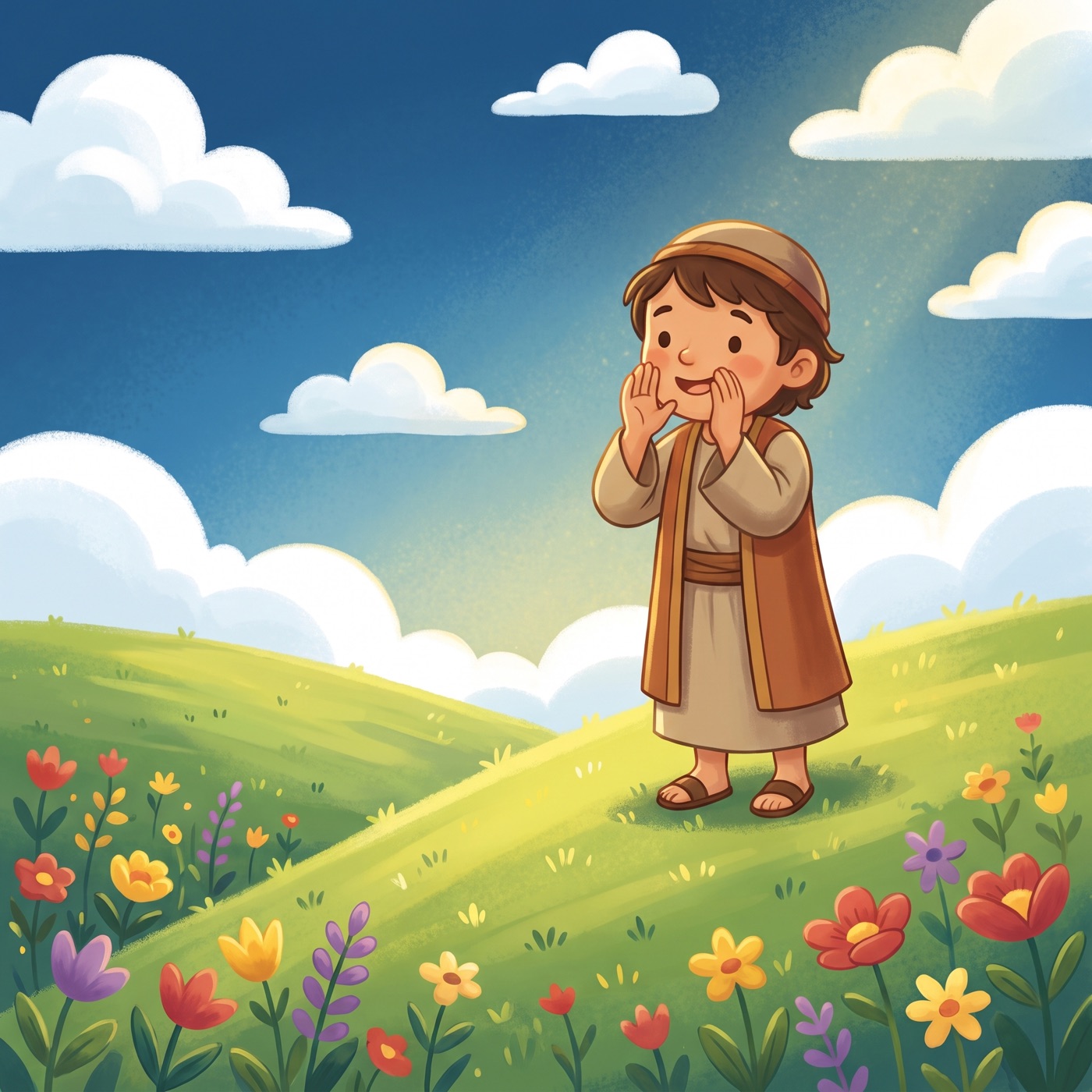 A cheerful child in modest ancient-Israel robes cupping both hands around their mouth to call out happily across a sunny green valley of rolling hills and wildflowers.