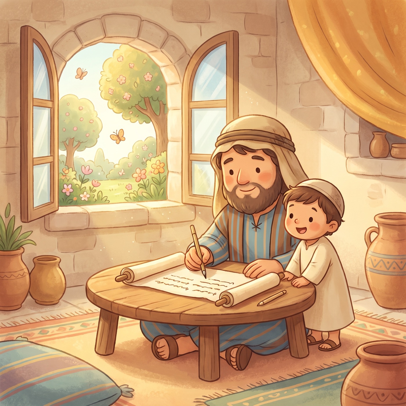 A scribe in an everyday striped tunic and cloth head wrap sitting at a low wooden table writing carefully on a fresh open scroll with a reed pen, a small child watching with great interest in a sunny room.
