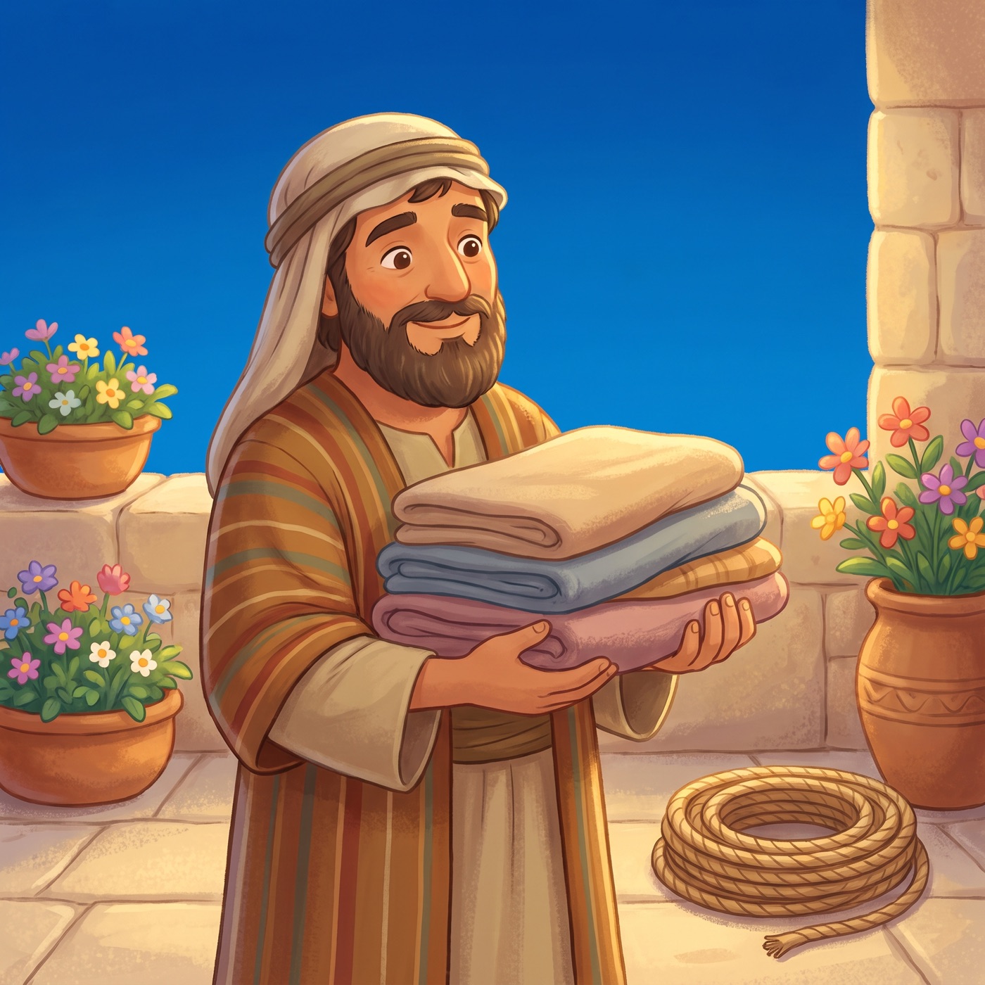 A kind helper in an everyday striped tunic and cloth head wrap gathering up an armful of soft folded old cloths with a gentle caring smile, a neat coil of rope on the ground beside him in a sunny courtyard.